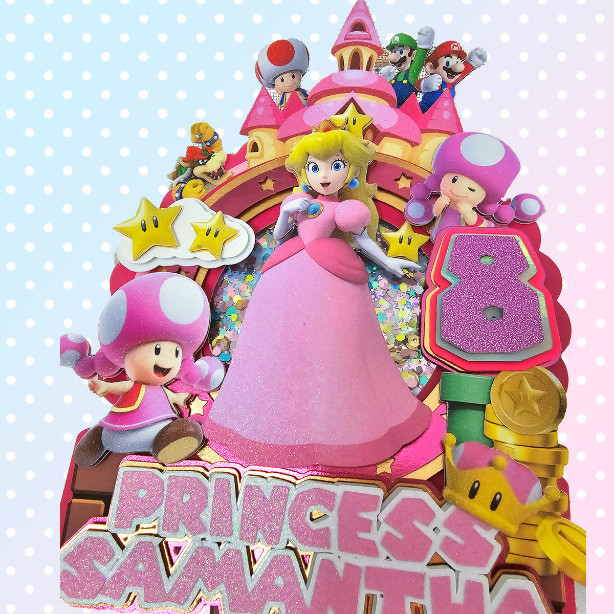Adorno para tarta de dibujos animados con purpurina 3D personalizado de PRINCESS PEACH