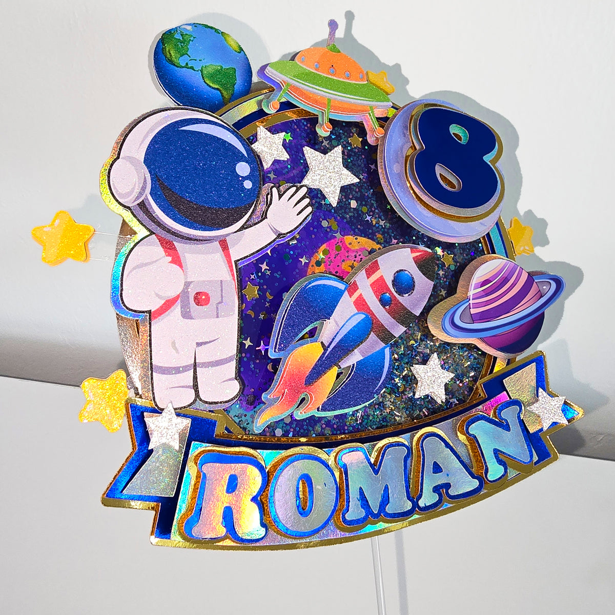 Adorno para tarta de astronauta personalizado con purpurina 3D