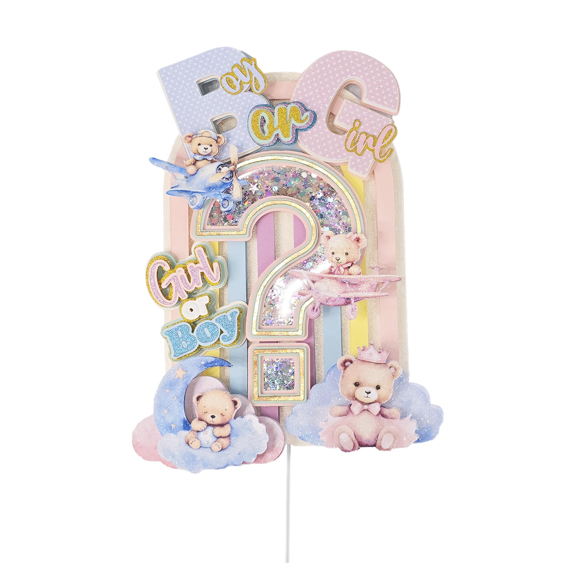 Decorative Cake Topper, Boy or Girl Gender Reveal, Stuffed Bears and Rainbow Arch
