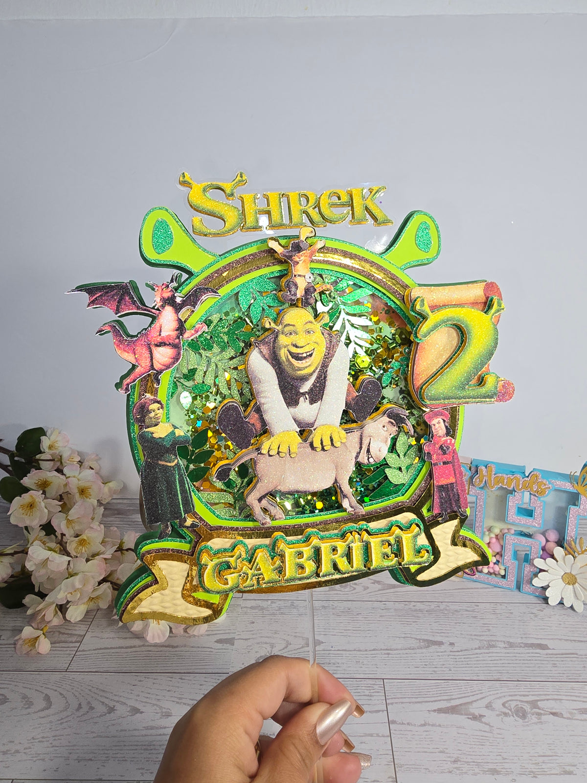 Personalized 3D Shrek Cake Topper – Glitter with Name & Age