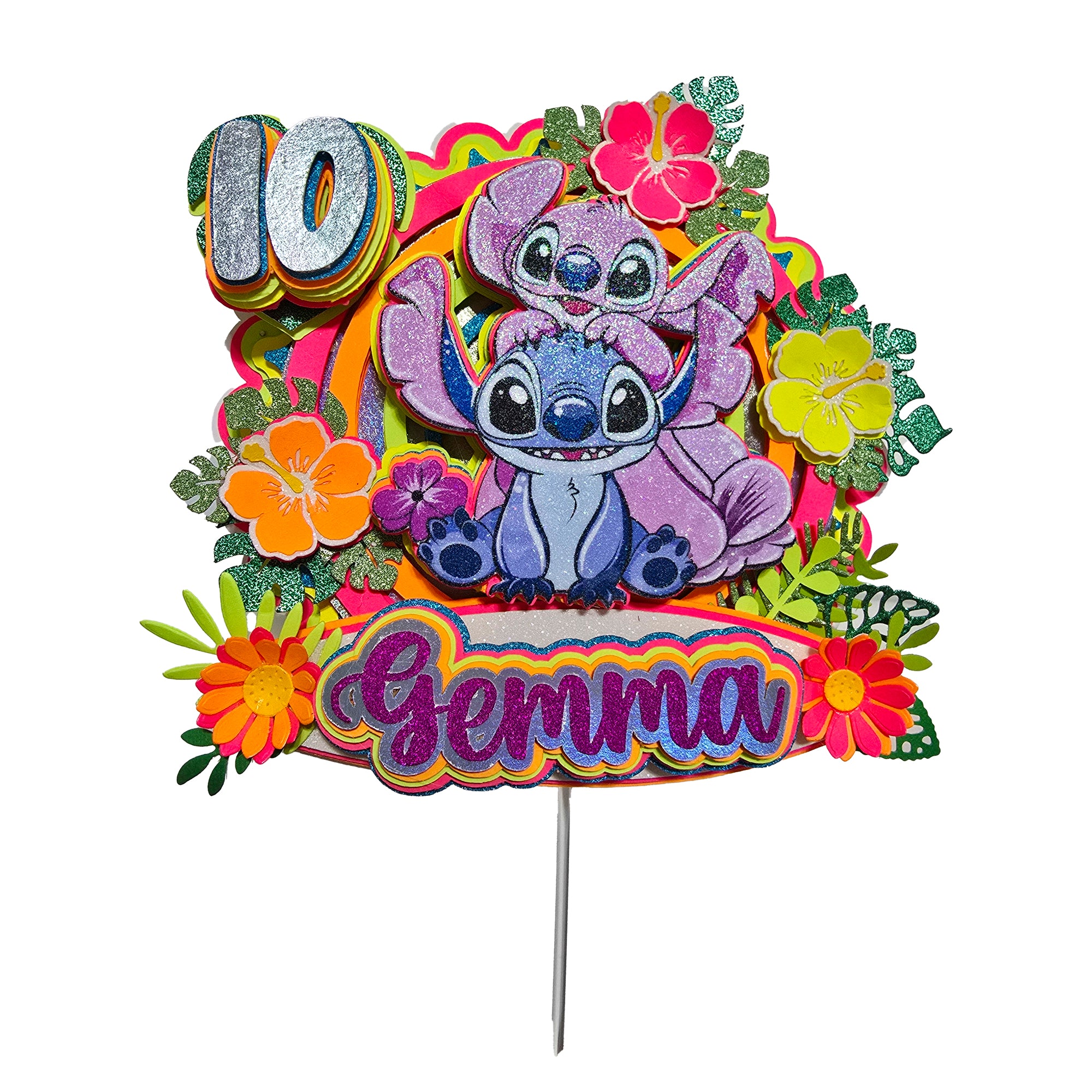 Personalized 3D Glitter Cartoon Cake Topper STICH NEON