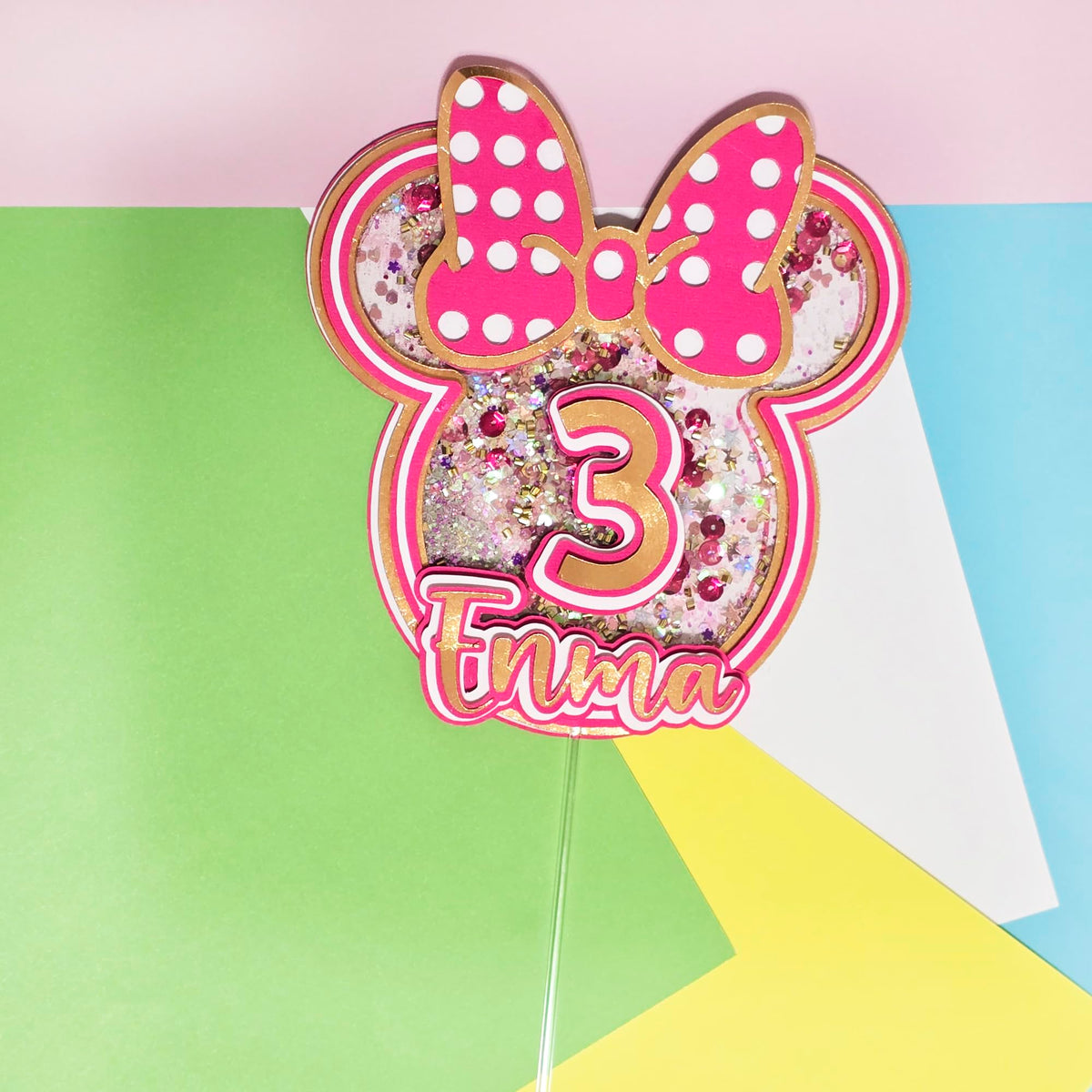 Adornos para tartas personalizados con dibujos animados de purpurina 3D para cumpleaños infantiles