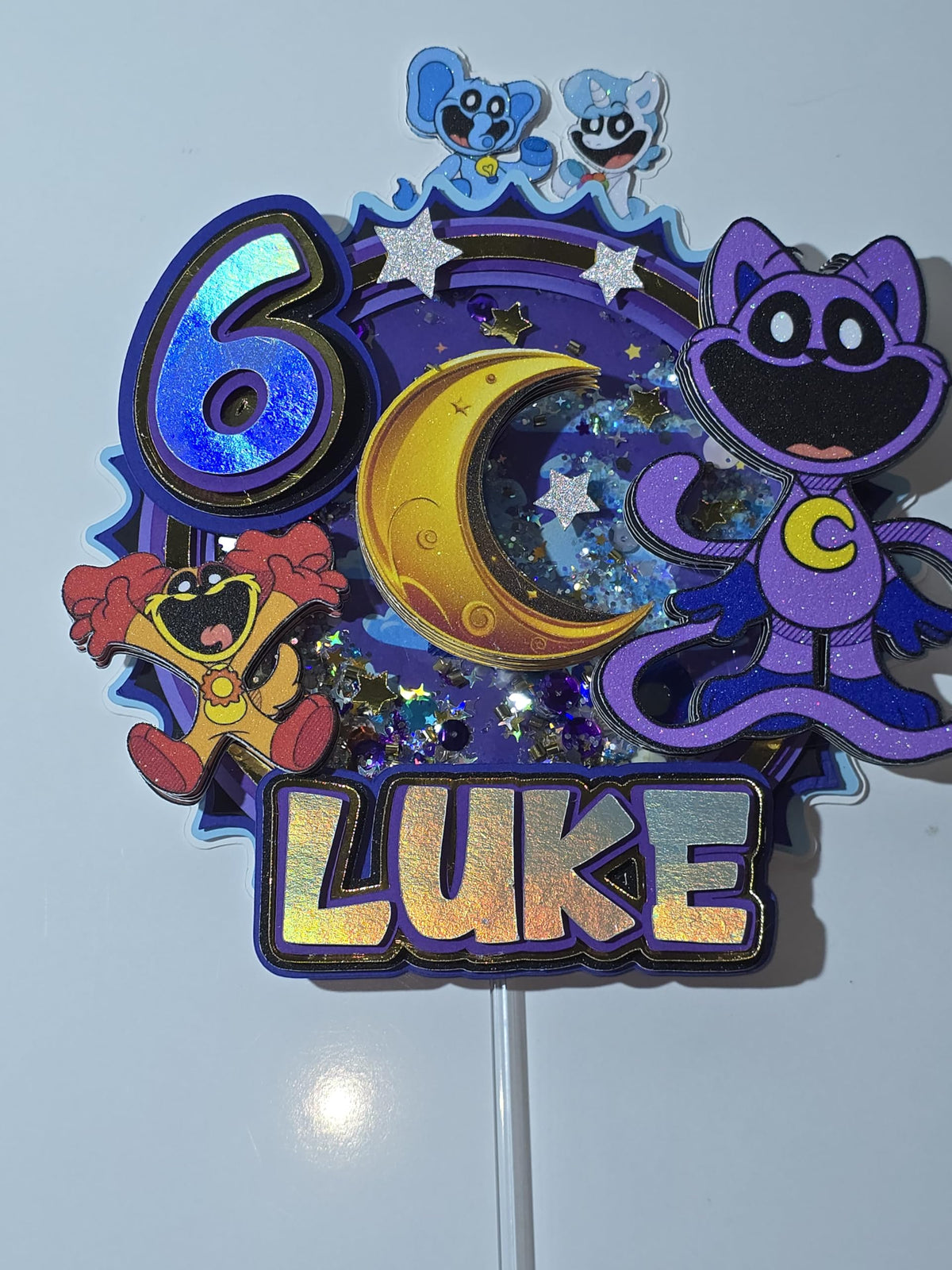 Adornos para tartas personalizados con dibujos animados de purpurina 3D para cumpleaños infantiles