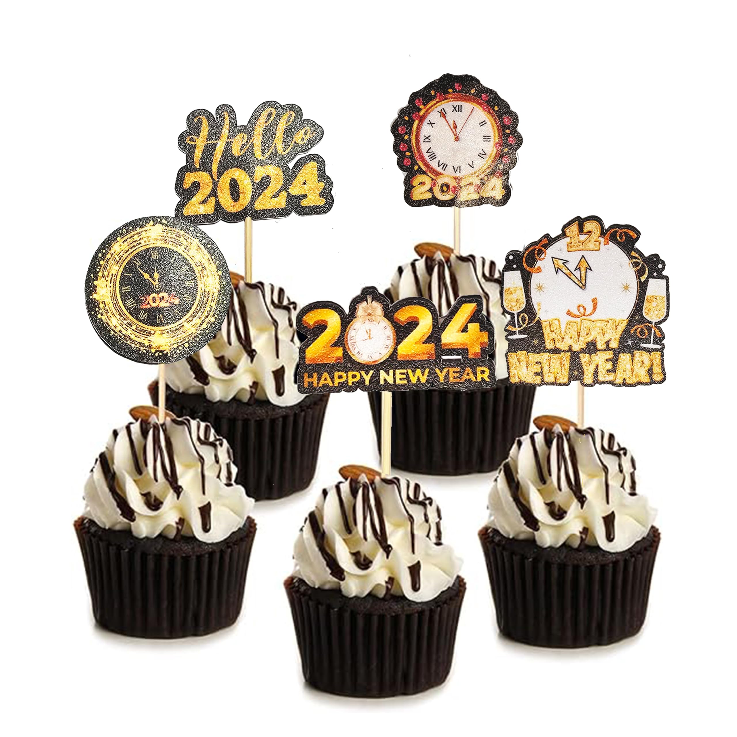 24 Pieces New Years 2024 Cupcake Toppers Glitter New Years 2024 Cupcake Toppers Black and Gold Hello 2024 Party Decorations for Celebration New Years Eve Party Favors Supplies