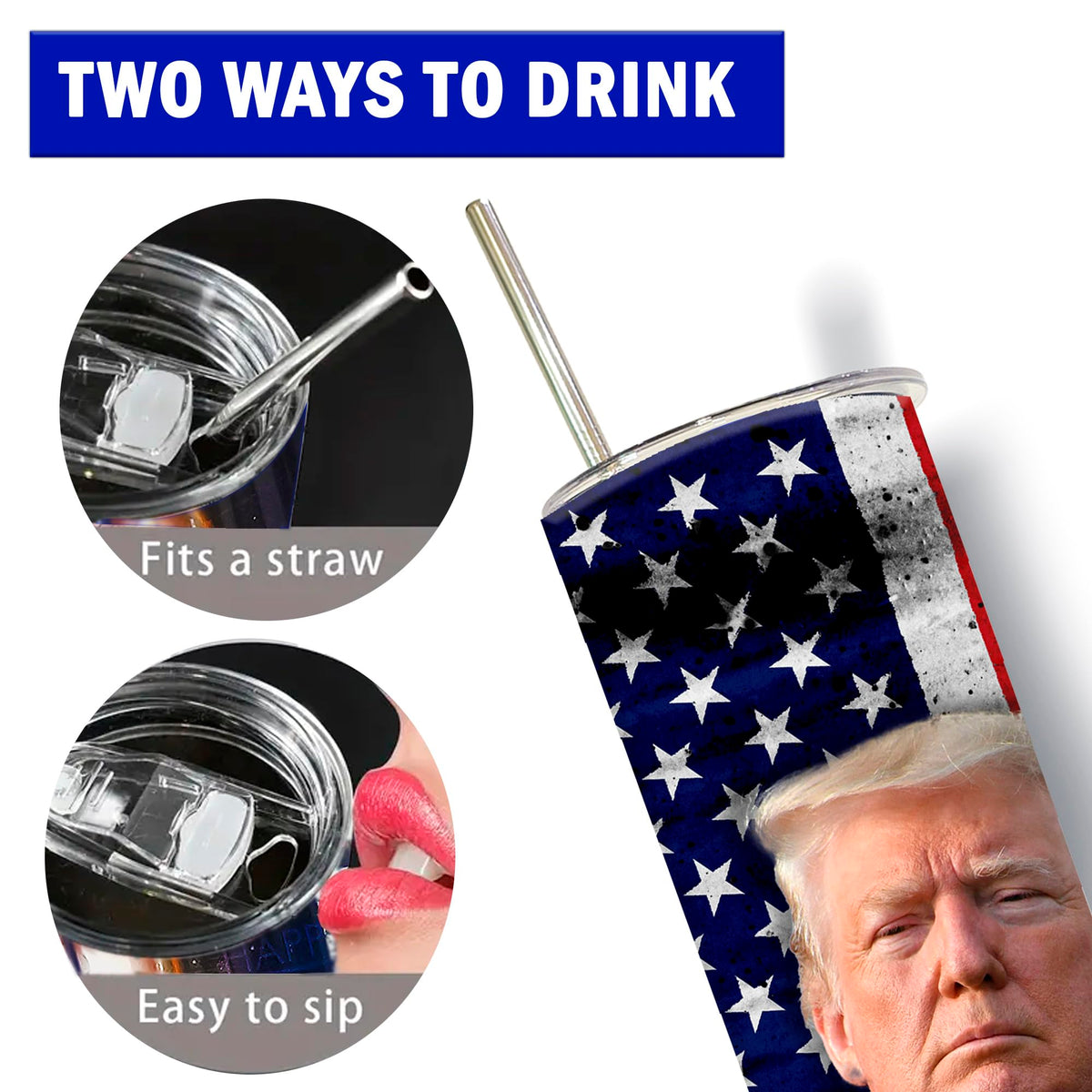 Vaso de acero inoxidable con aislamiento de 20 oz con temática de Trump, base antideslizante, tapa y pajitas de metal y plástico. Vaso Stanley. Taza Stanley.
