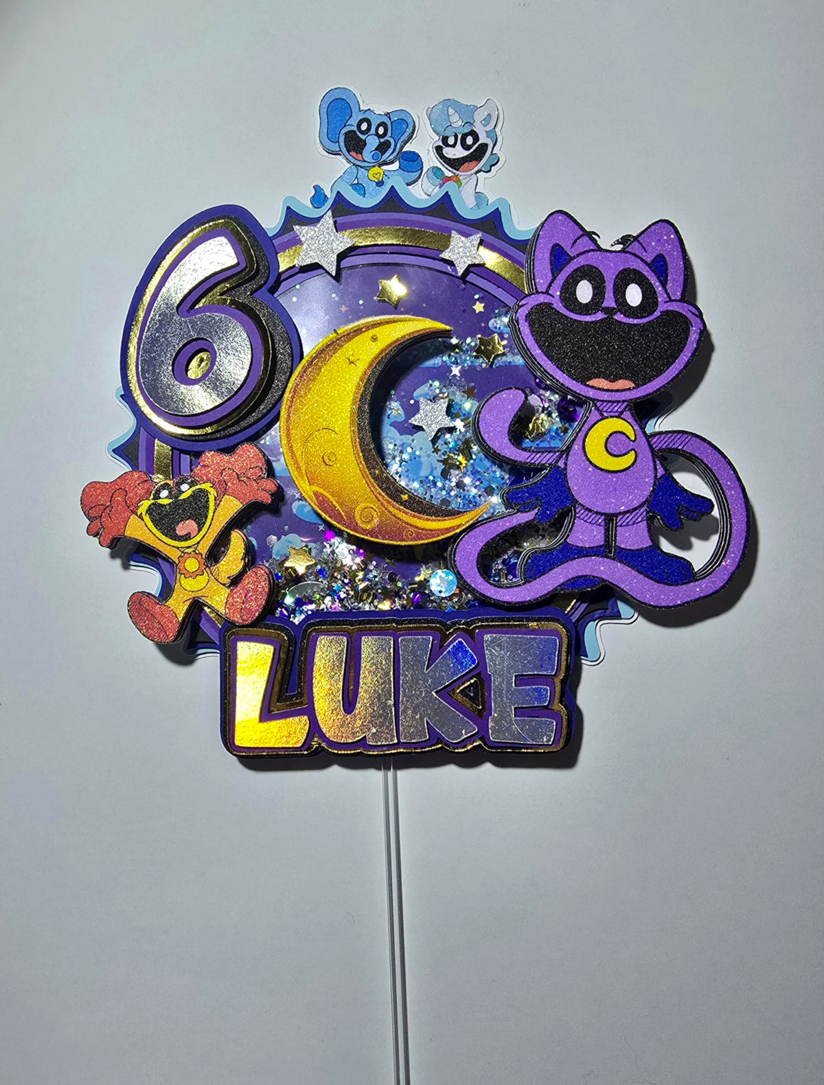 Adornos para tartas personalizados con dibujos animados de purpurina 3D para cumpleaños infantiles