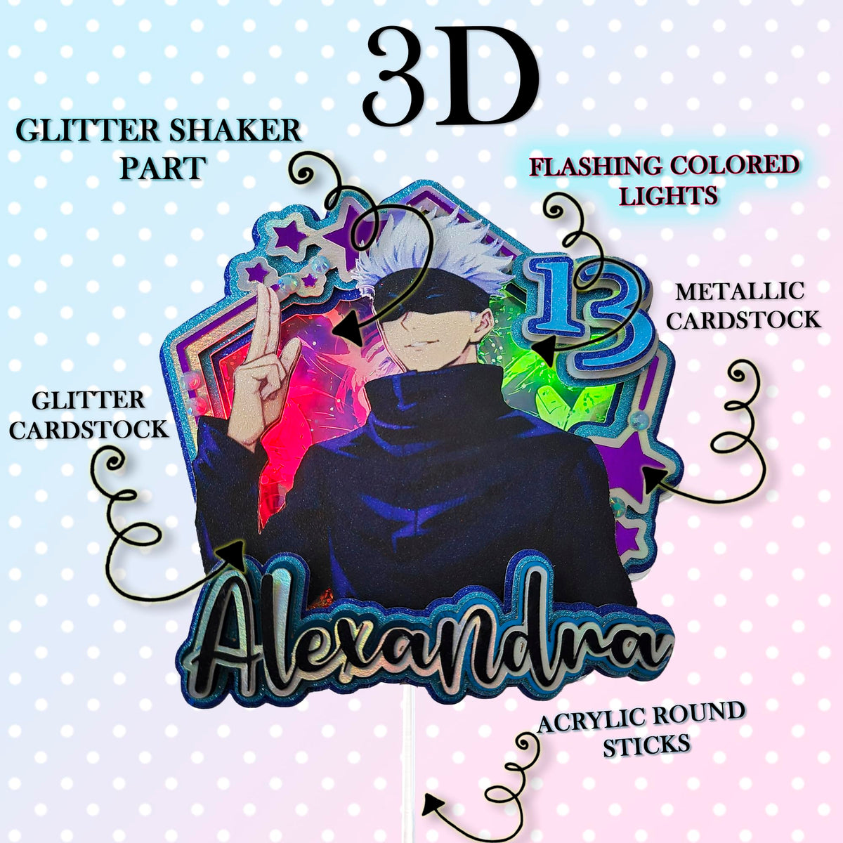 Adornos para tartas personalizados con dibujos animados de purpurina 3D para cumpleaños infantiles