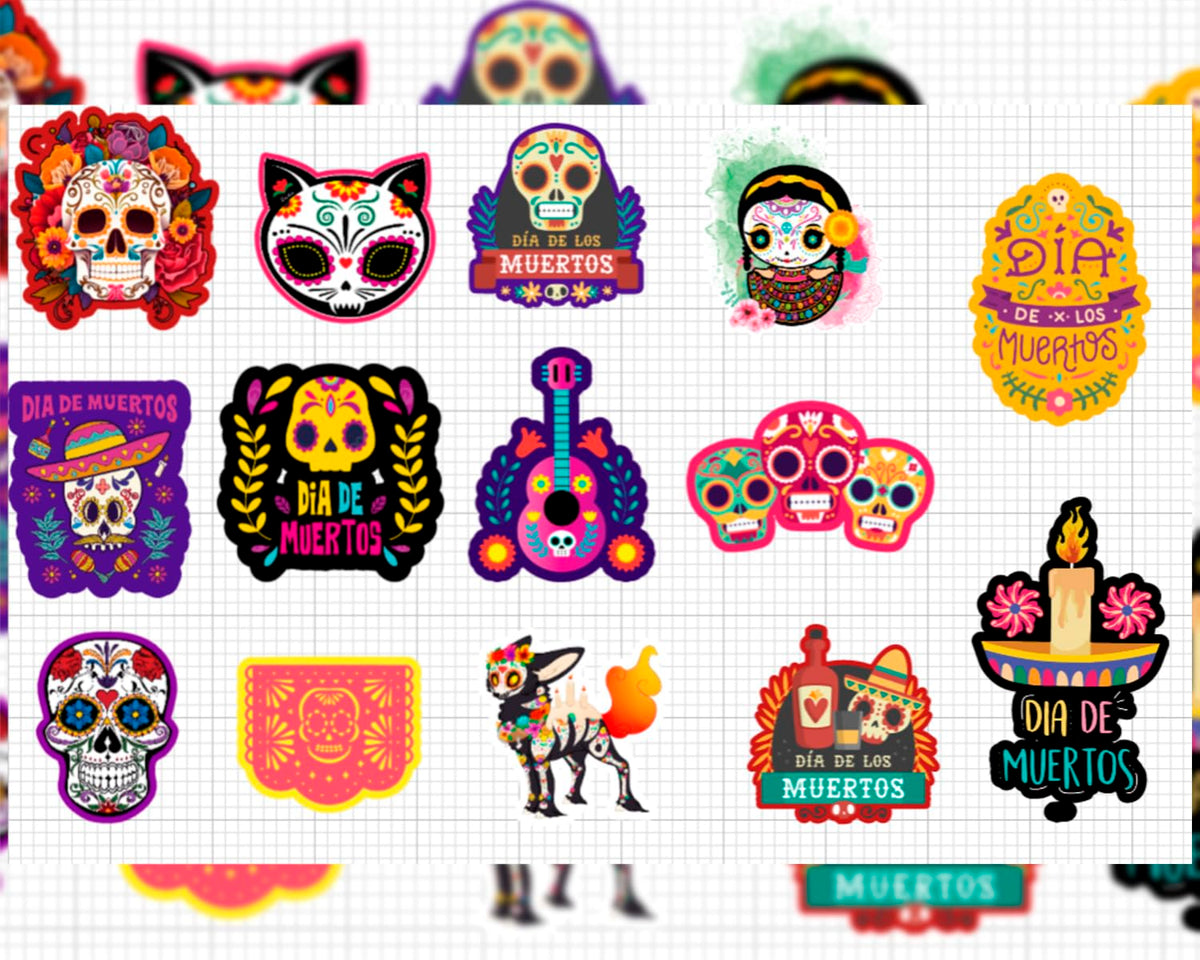 24 adornos para cupcakes del Día de Muertos. 14 diseños para decorar pasteles. Artículos para fiesta del Día de Muertos.