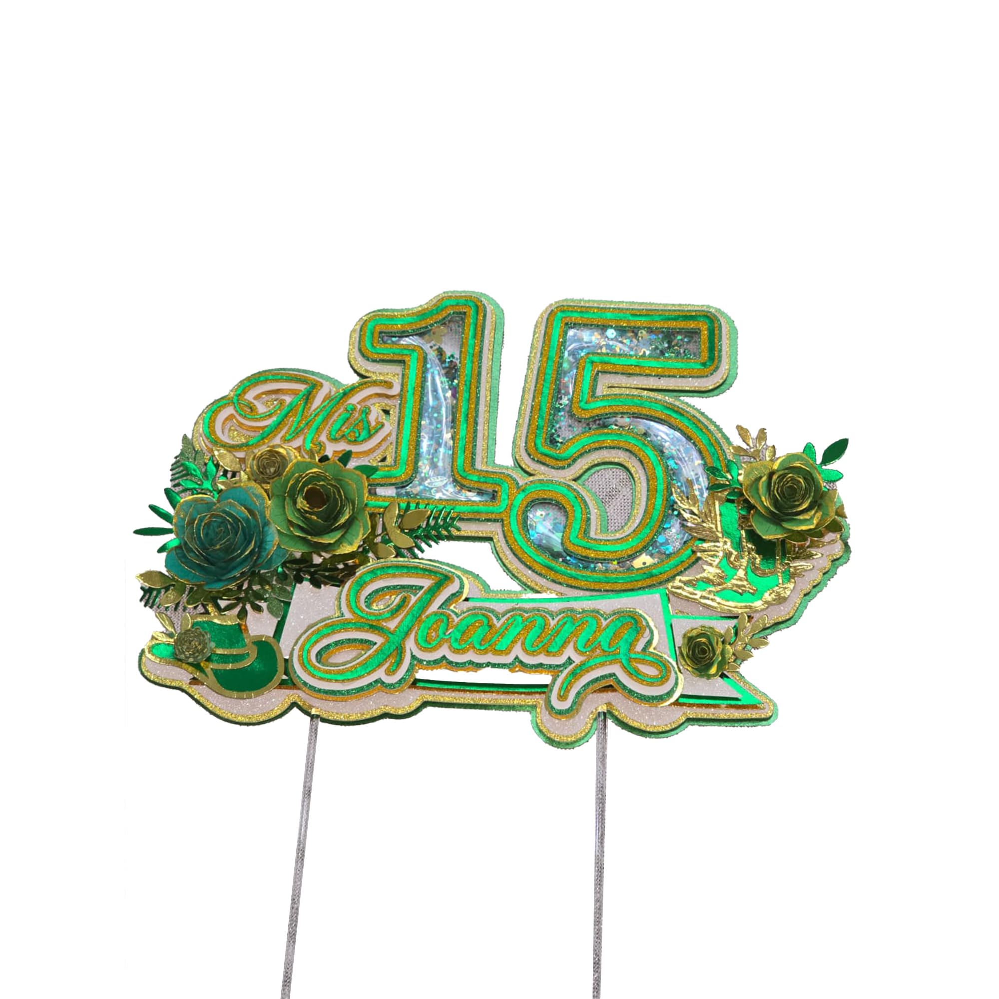 Personalized 3D Glitter Cartoon Cake Topper (MIS 15 VERDE)