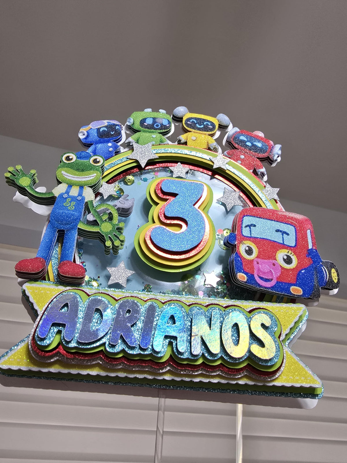 Adornos para tartas personalizados con dibujos animados de purpurina 3D para cumpleaños infantiles