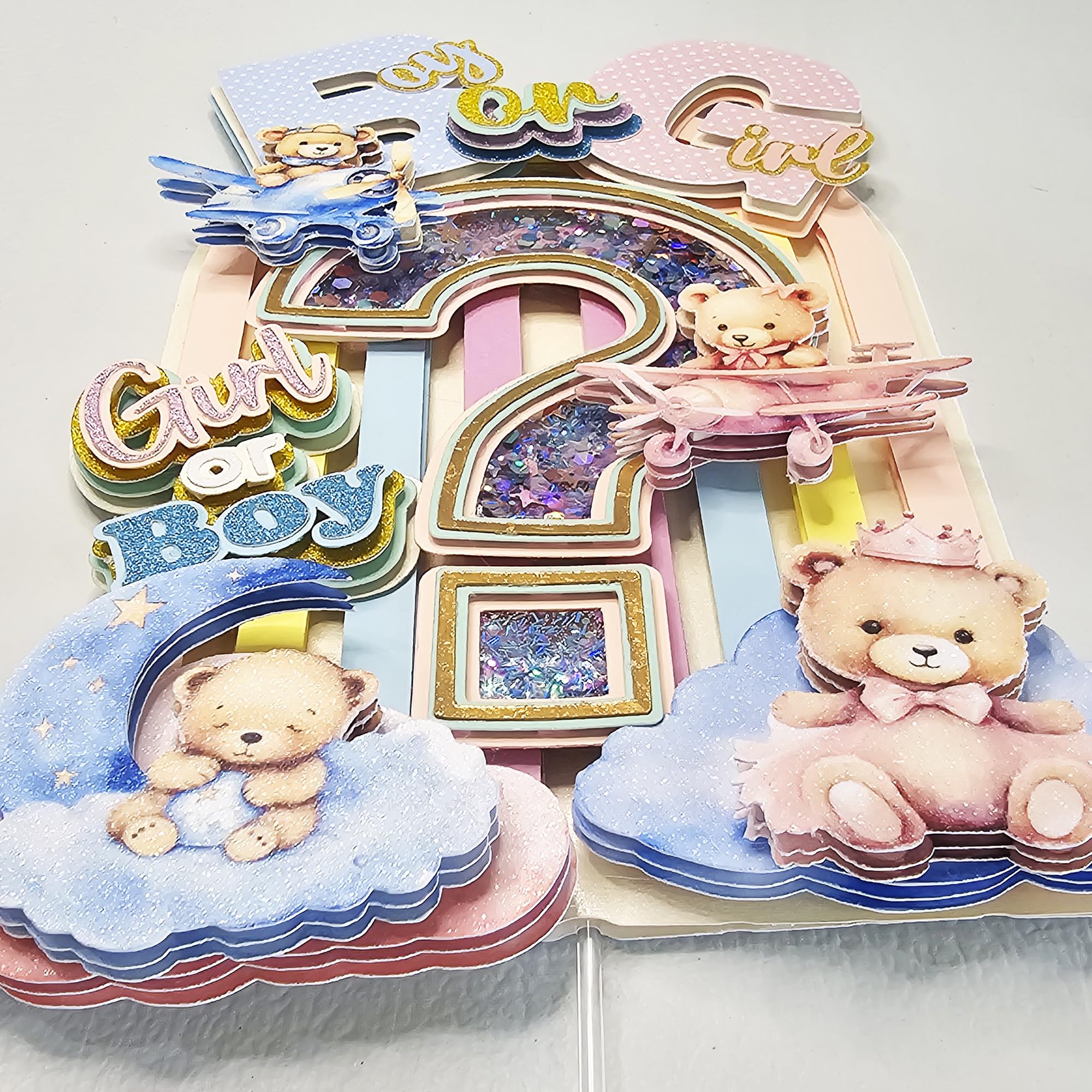 Decorative Cake Topper, Boy or Girl Gender Reveal, Stuffed Bears and Rainbow Arch