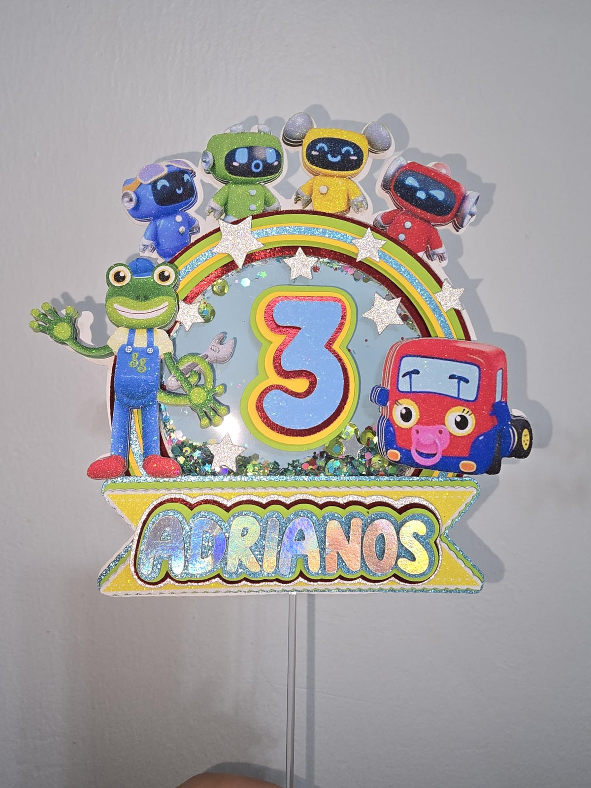 Adornos para tartas personalizados con dibujos animados de purpurina 3D para cumpleaños infantiles