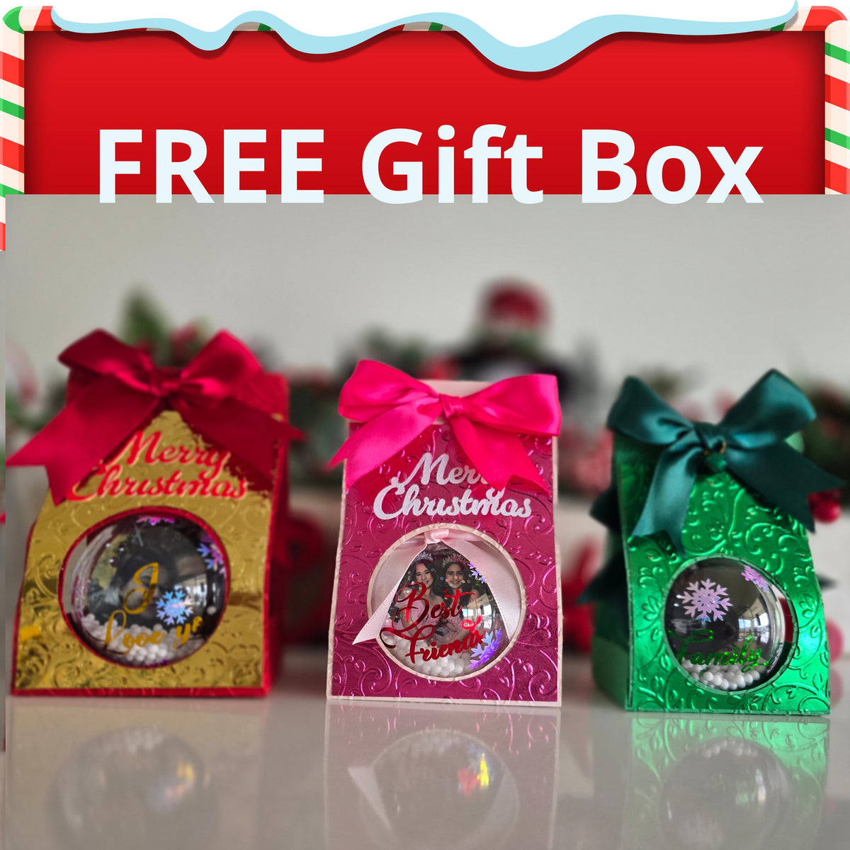 Personalized Photo & Name Christmas Ornament with Gift Box