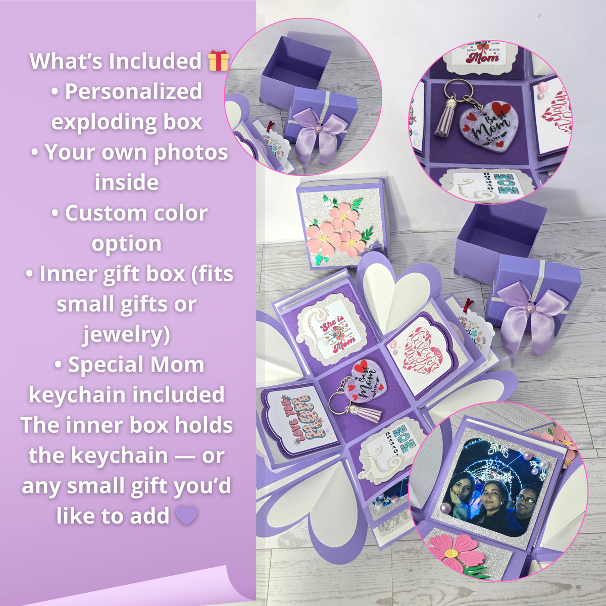 Personalized Exploding Box with Photos and Custom Text, Surprise Gift Box for Mom, Photo Memory Box with Inner Gift Box & Keychain.