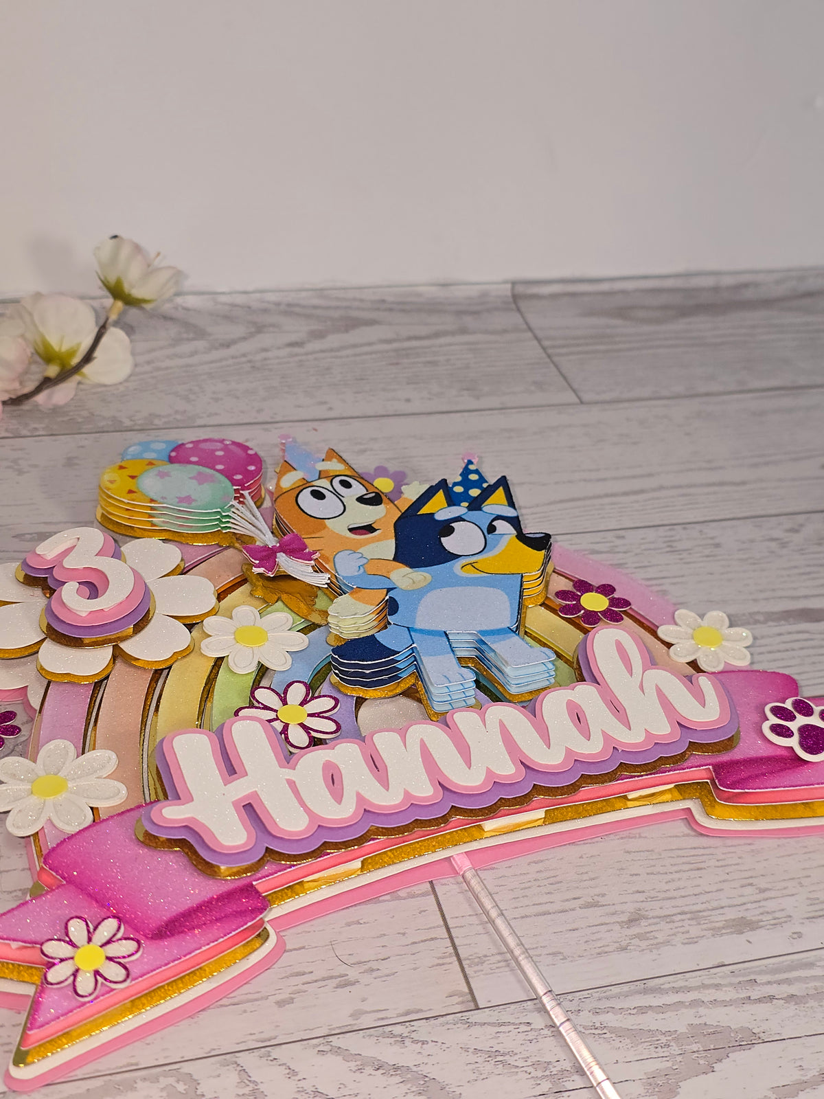 Personalized 3D Glitter Bluey Rainbow Cake Topper | Custom Birthday Party Decoration