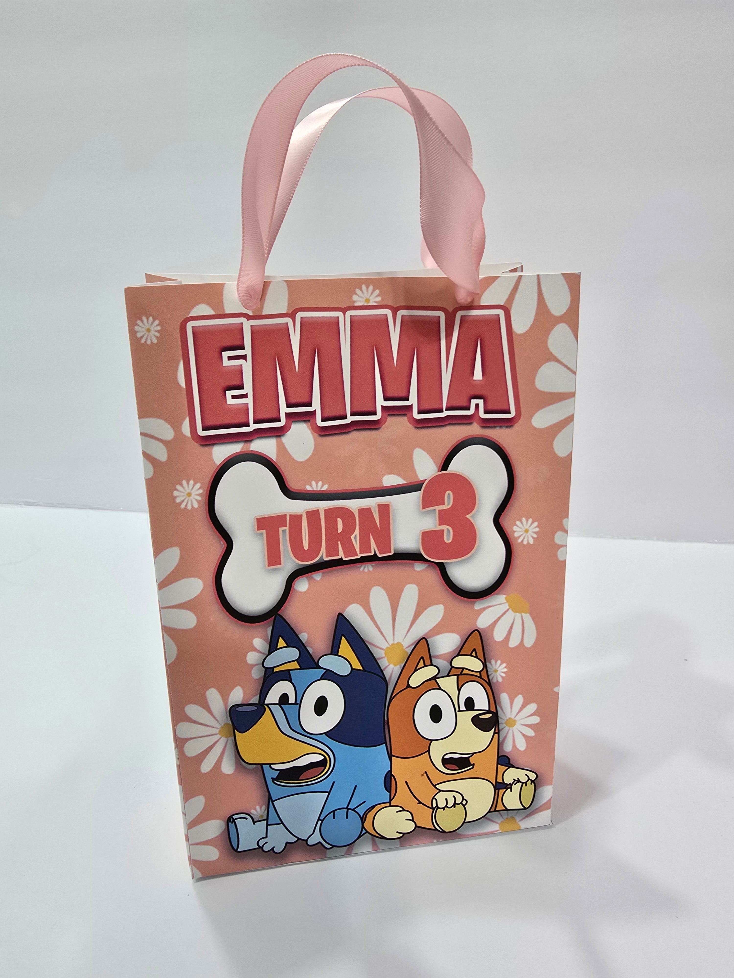12 pcs Personalized Birthday Gift Bags with Name and Age – Bags with Ribbon Handles- 8.5"x5.5 (Bluey Rosa)