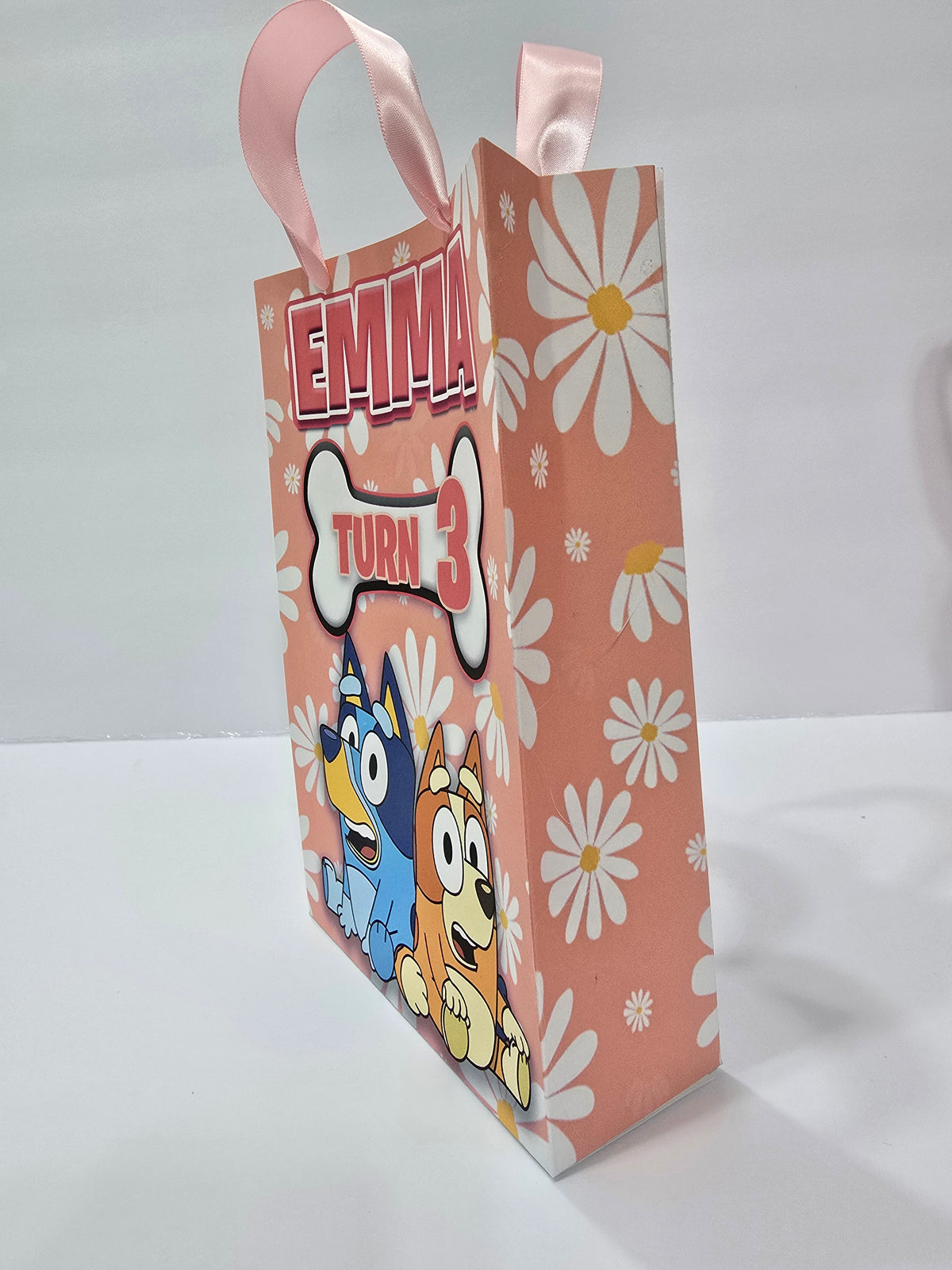 12 pcs Personalized Birthday Gift Bags with Name and Age – Bags with Ribbon Handles- 8.5"x5.5 (Bluey Rosa)