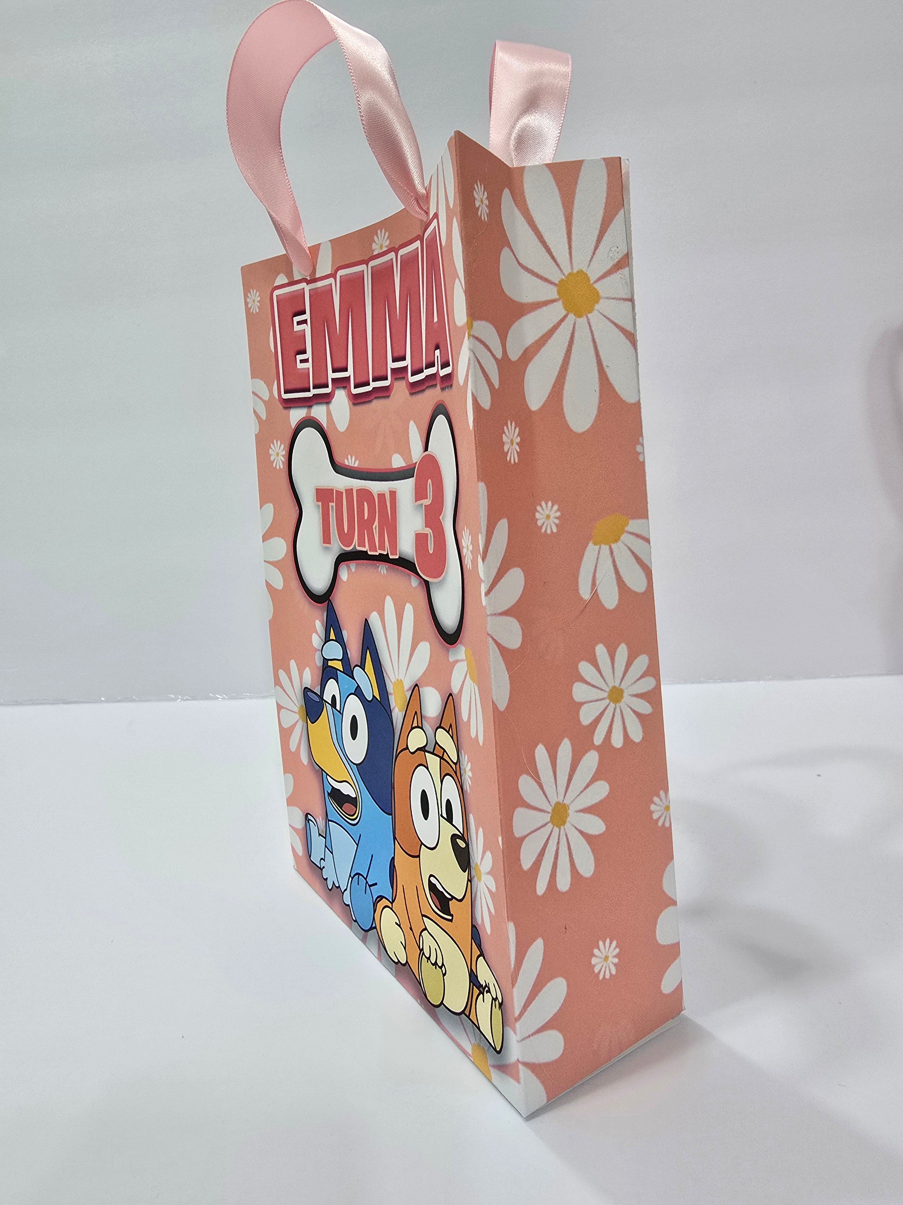 12 pcs Personalized Birthday Gift Bags with Name and Age – Bags with Ribbon Handles- 8.5"x5.5 (Bluey Rosa)