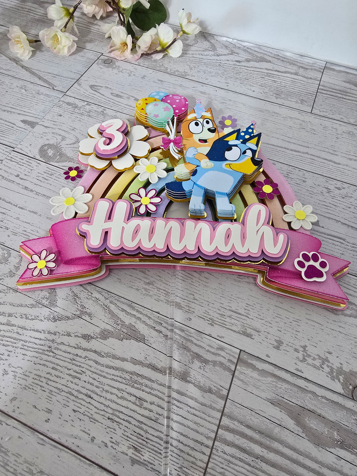 Personalized 3D Glitter Bluey Rainbow Cake Topper | Custom Birthday Party Decoration