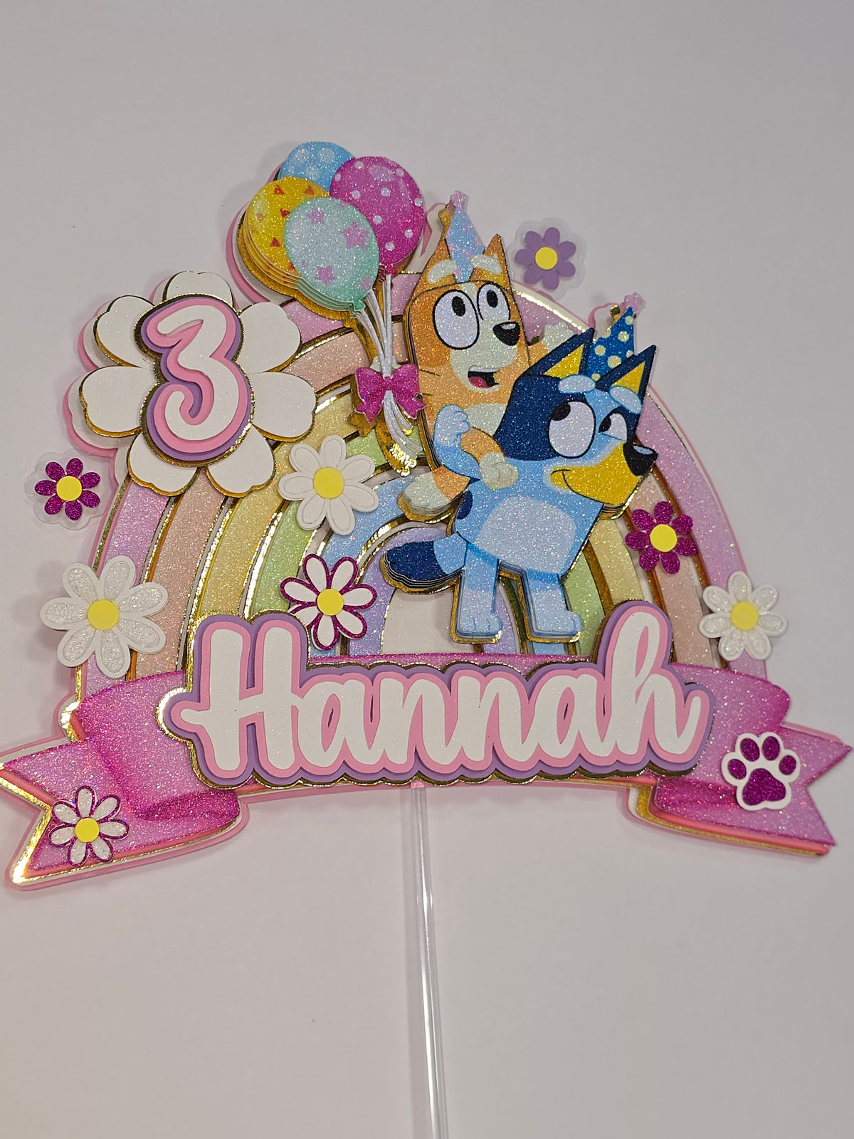 Personalized 3D Glitter Bluey Rainbow Cake Topper | Custom Birthday Party Decoration