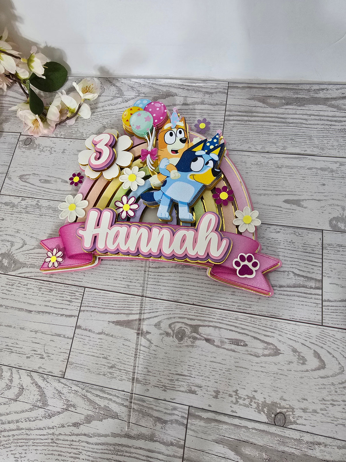 Personalized 3D Glitter Bluey Rainbow Cake Topper | Custom Birthday Party Decoration