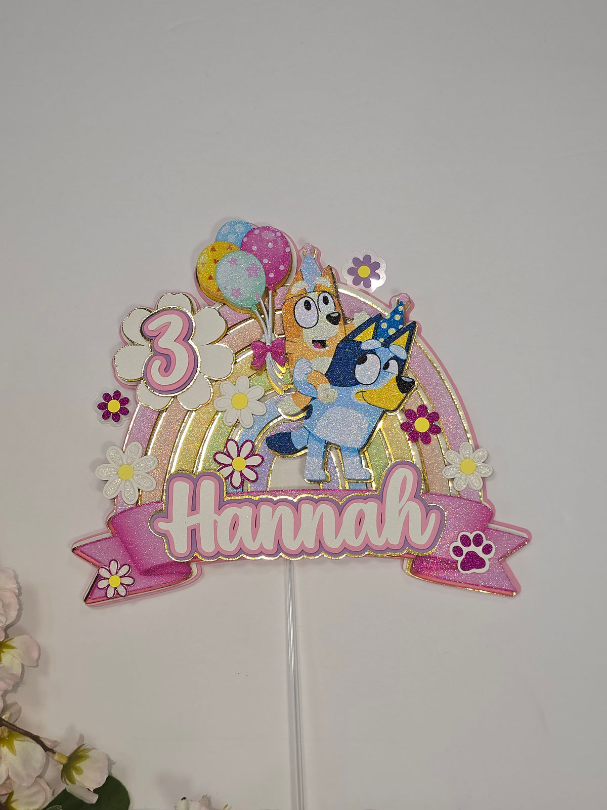 Personalized 3D Glitter Bluey Rainbow Cake Topper | Custom Birthday Party Decoration