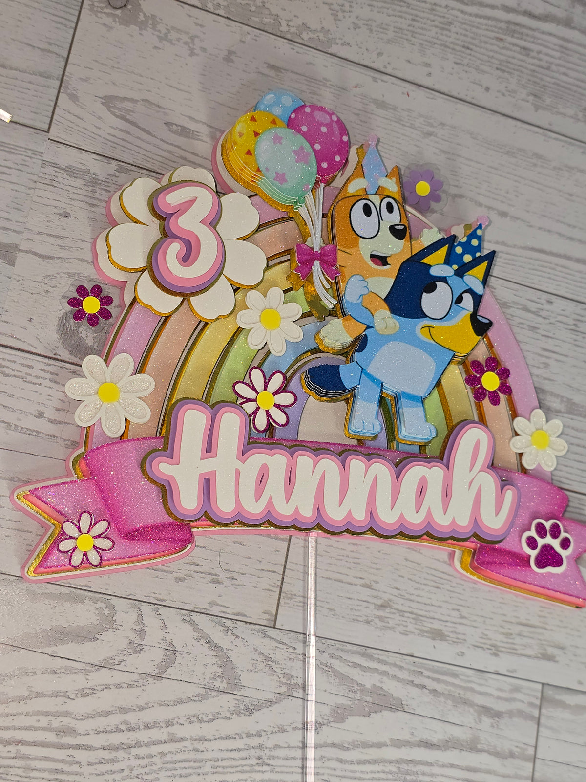 Personalized 3D Glitter Bluey Rainbow Cake Topper | Custom Birthday Party Decoration