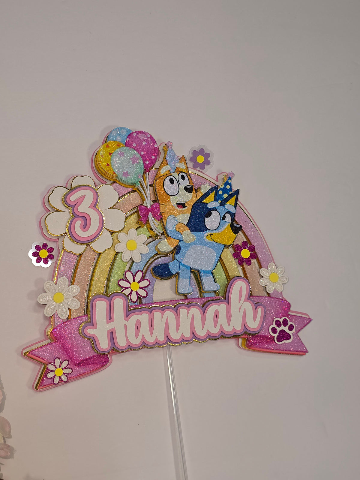 Personalized 3D Glitter Bluey Rainbow Cake Topper | Custom Birthday Party Decoration