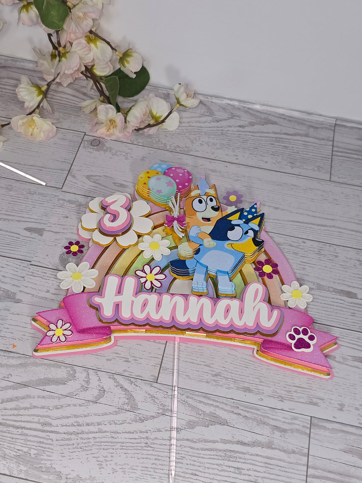 Personalized 3D Glitter Bluey Rainbow Cake Topper | Custom Birthday Party Decoration