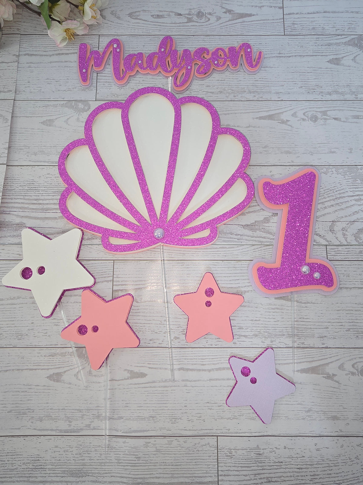 Personalized 3D Seashell Cake Topper Set – Glitter with Starfish