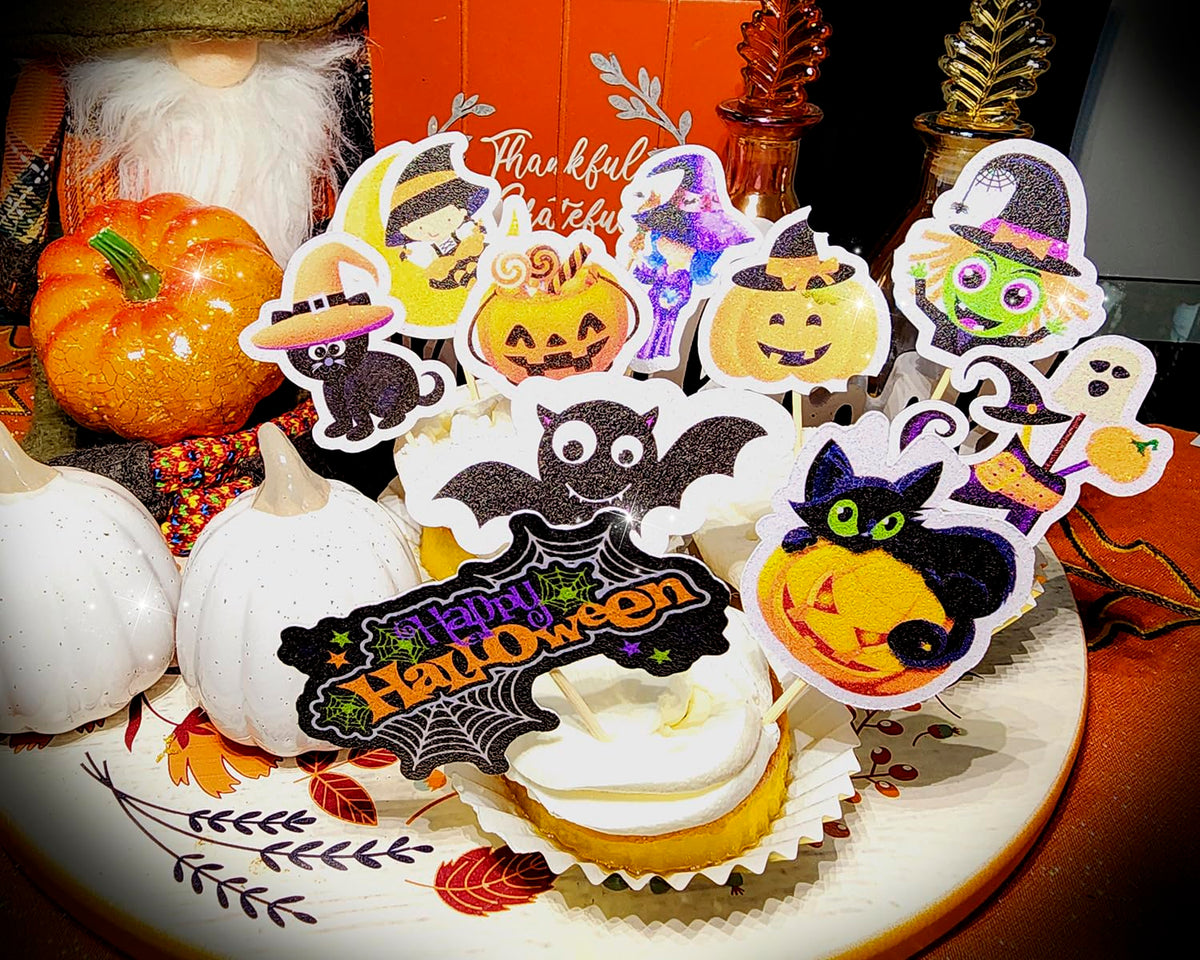 24 piezas de adornos para cupcakes de Halloween: 10 diseños de decoraciones para cupcakes, pasteles, suministros para fiestas de Halloween, decoraciones de postres.