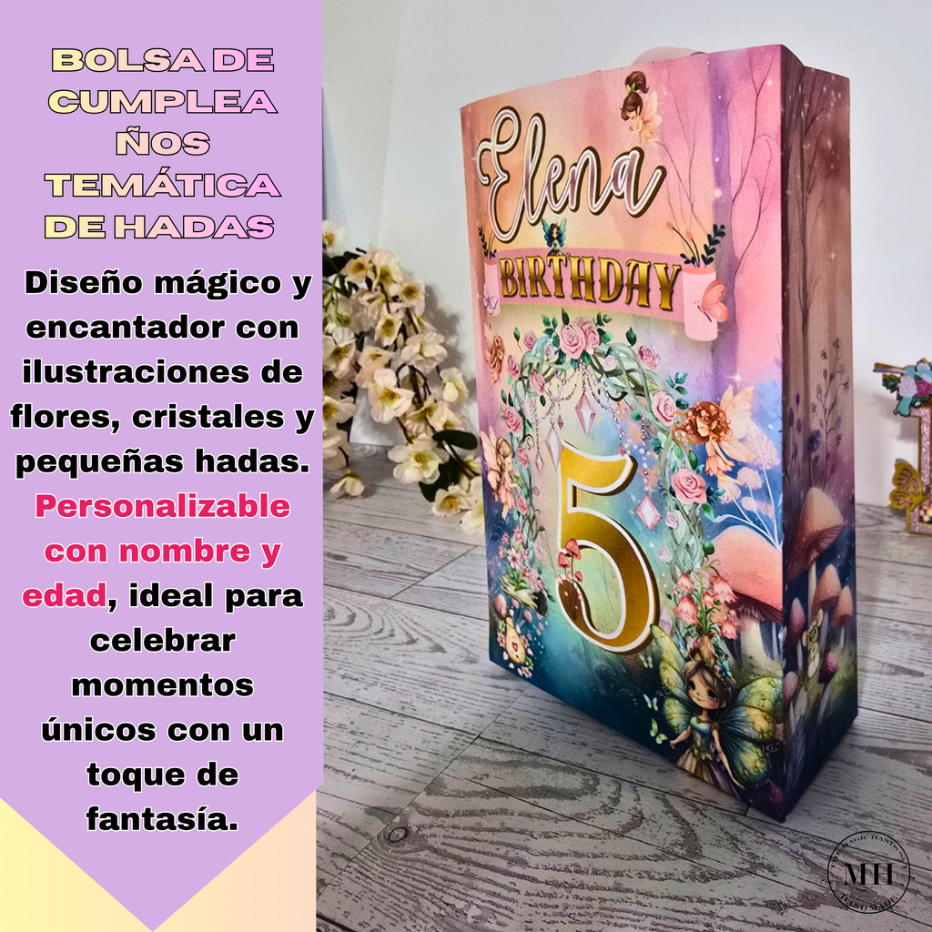 12 Personalized Enchanted Forest Birthday Gift Bags with Name & Age – 8.5"x5.5" Ribbon Handles