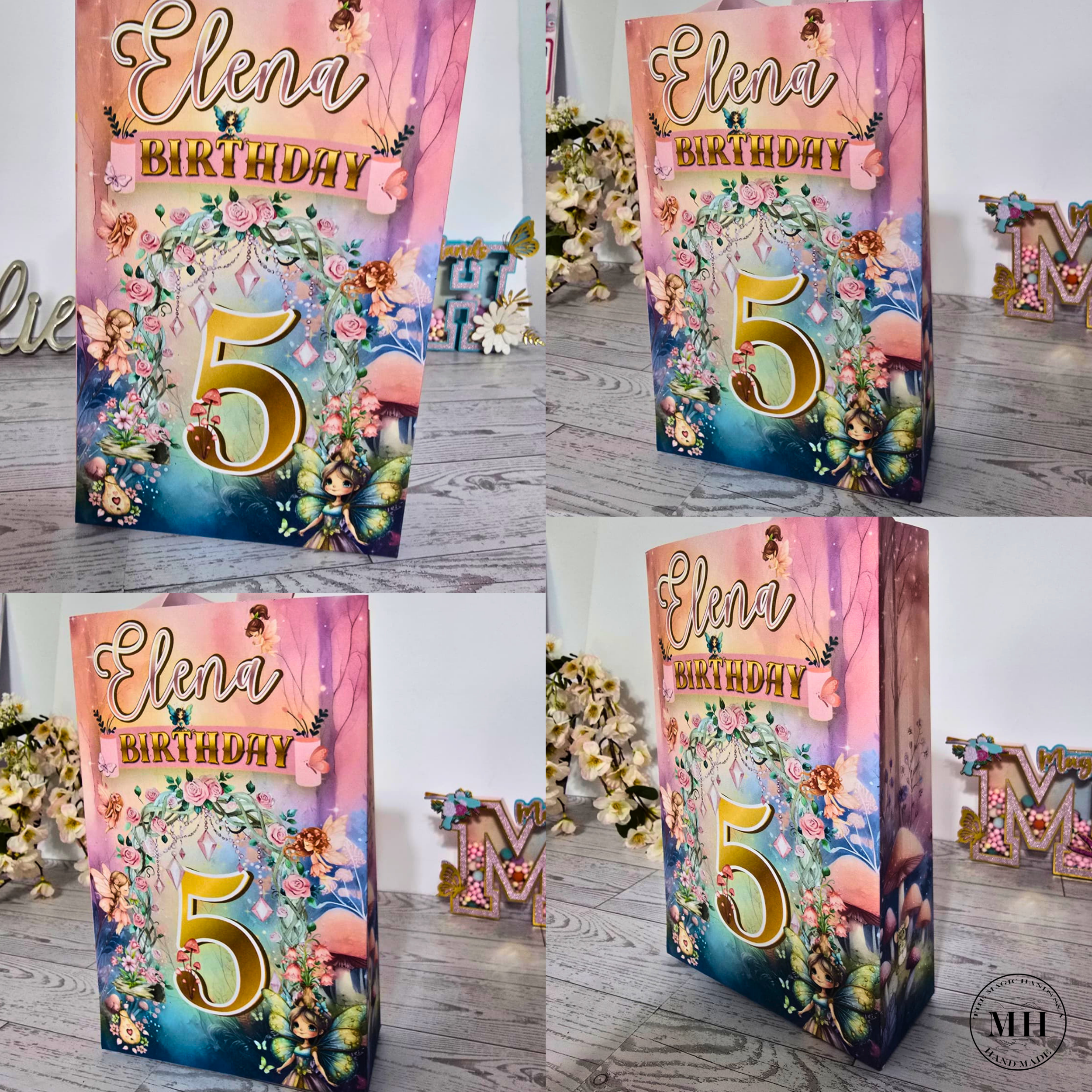 12 Personalized Enchanted Forest Birthday Gift Bags with Name & Age – 8.5"x5.5" Ribbon Handles
