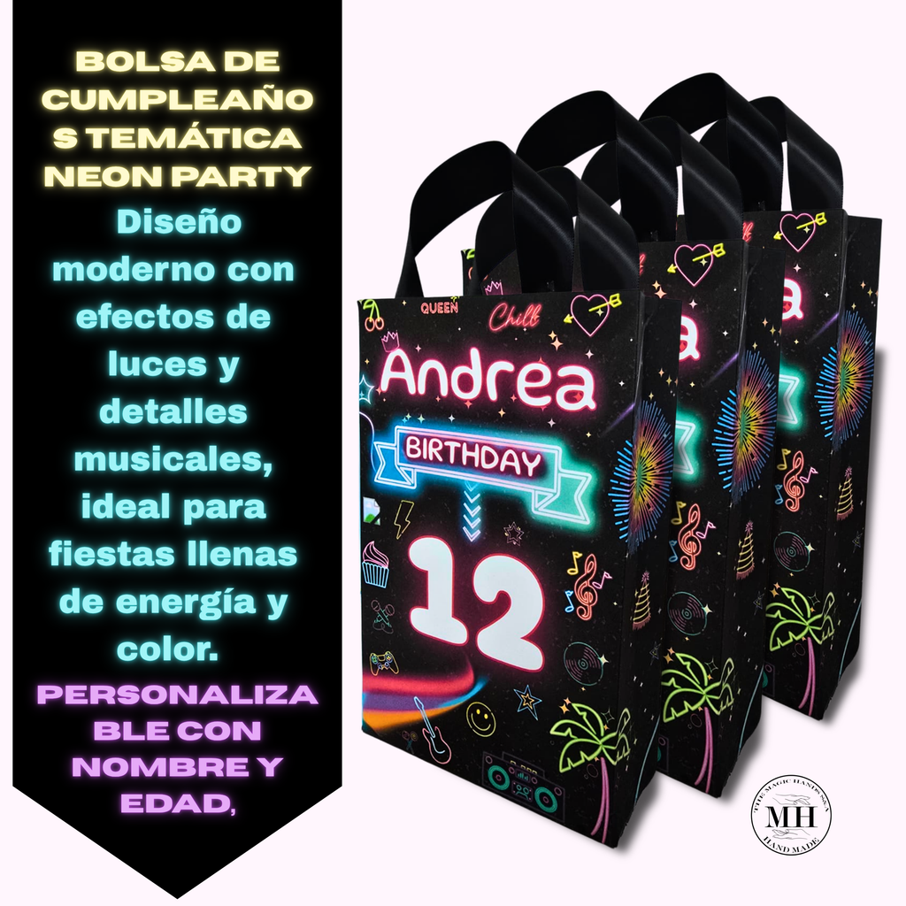12 Personalized Neon Party Birthday Gift Bags with Name & Age – 8.5"x5.5" Ribbon Handles