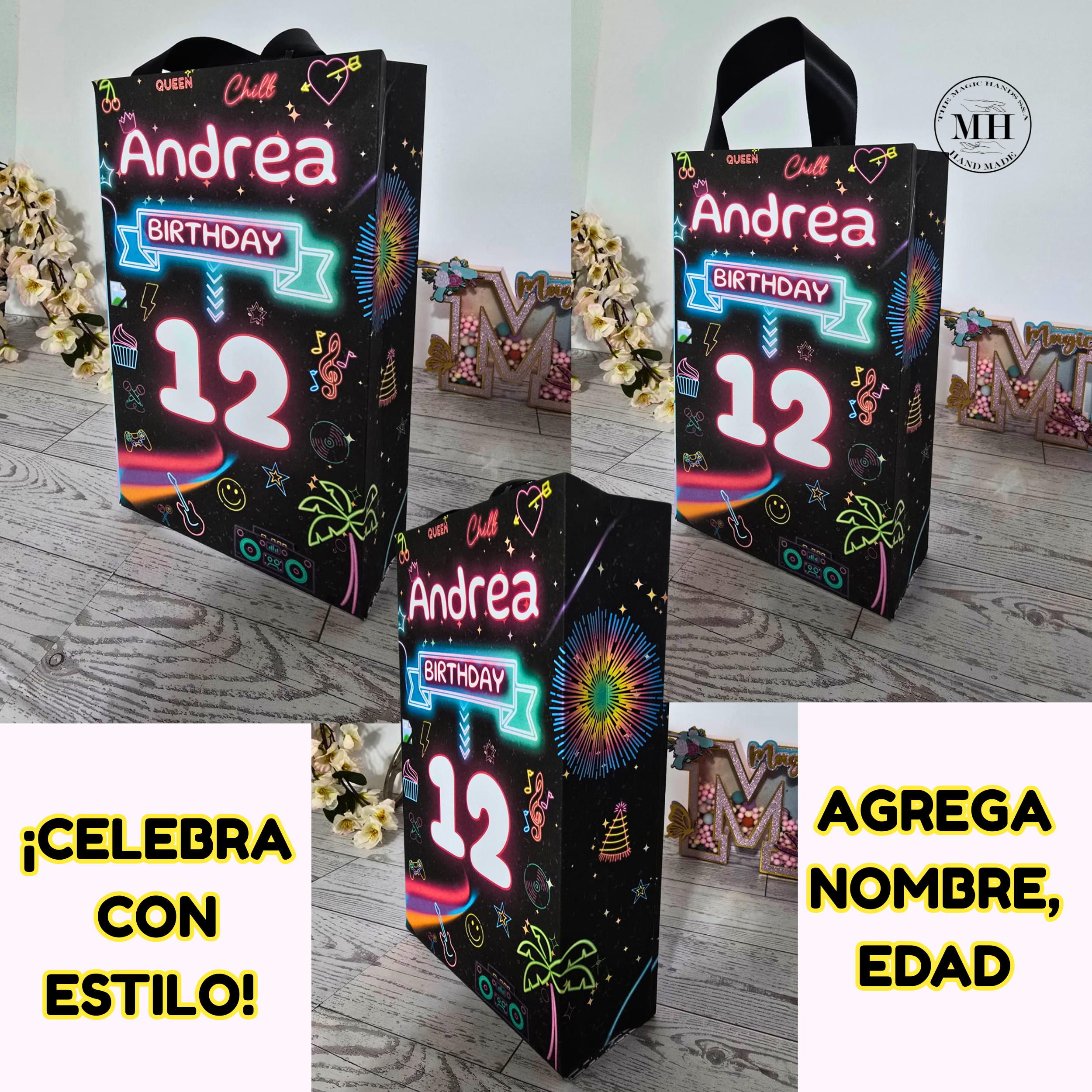 12 Personalized Neon Party Birthday Gift Bags with Name & Age – 8.5"x5.5" Ribbon Handles