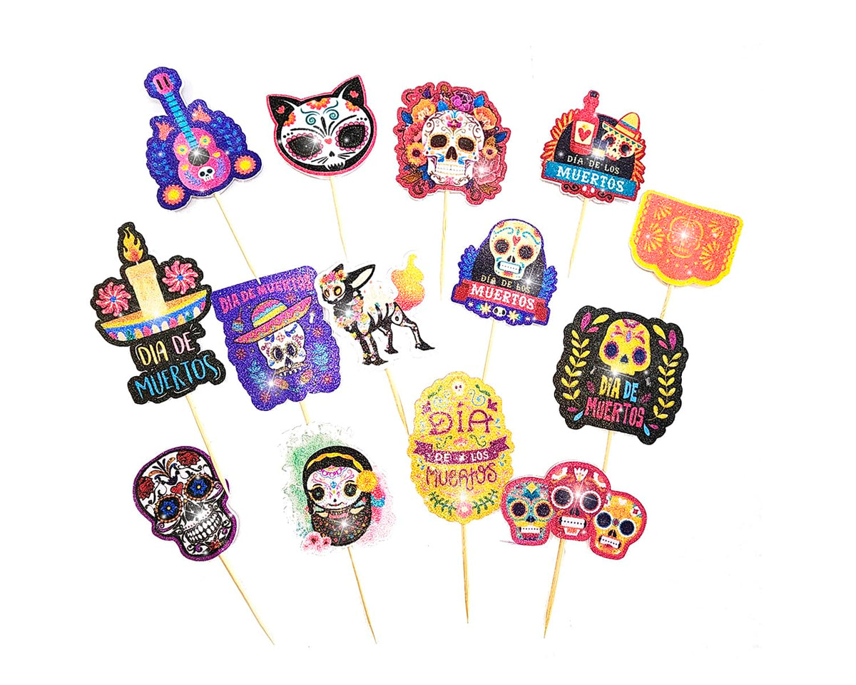 24 adornos para cupcakes del Día de Muertos. 14 diseños para decorar pasteles. Artículos para fiesta del Día de Muertos.