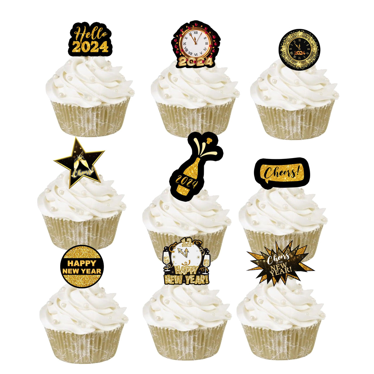 24 adornos para cupcakes de Año Nuevo 2024 con purpurina, adornos negros y dorados para fiestas de Hola 2024, suministros para recuerdos de fiesta de Nochevieja.