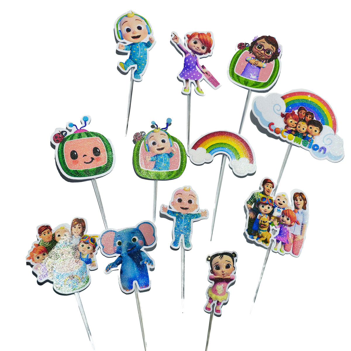 24 adornos brillantes para cupcakes. 12 diseños de cocomelon. Decoración de comida, palillos para fiestas.