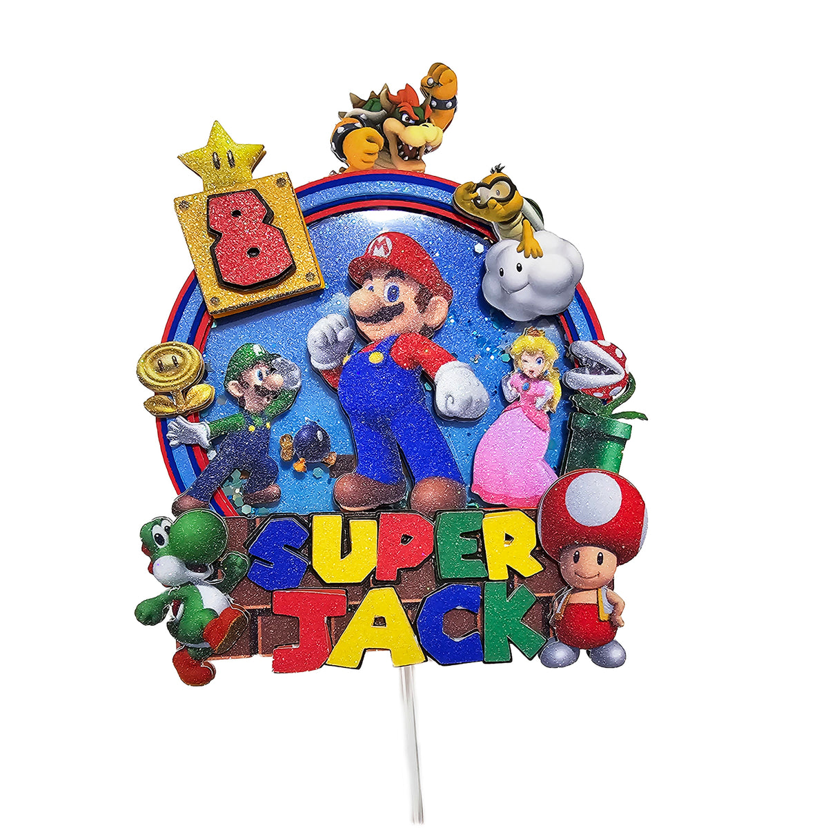 Adorno para tarta de dibujos animados con purpurina 3D personalizado de SUPER MARIO