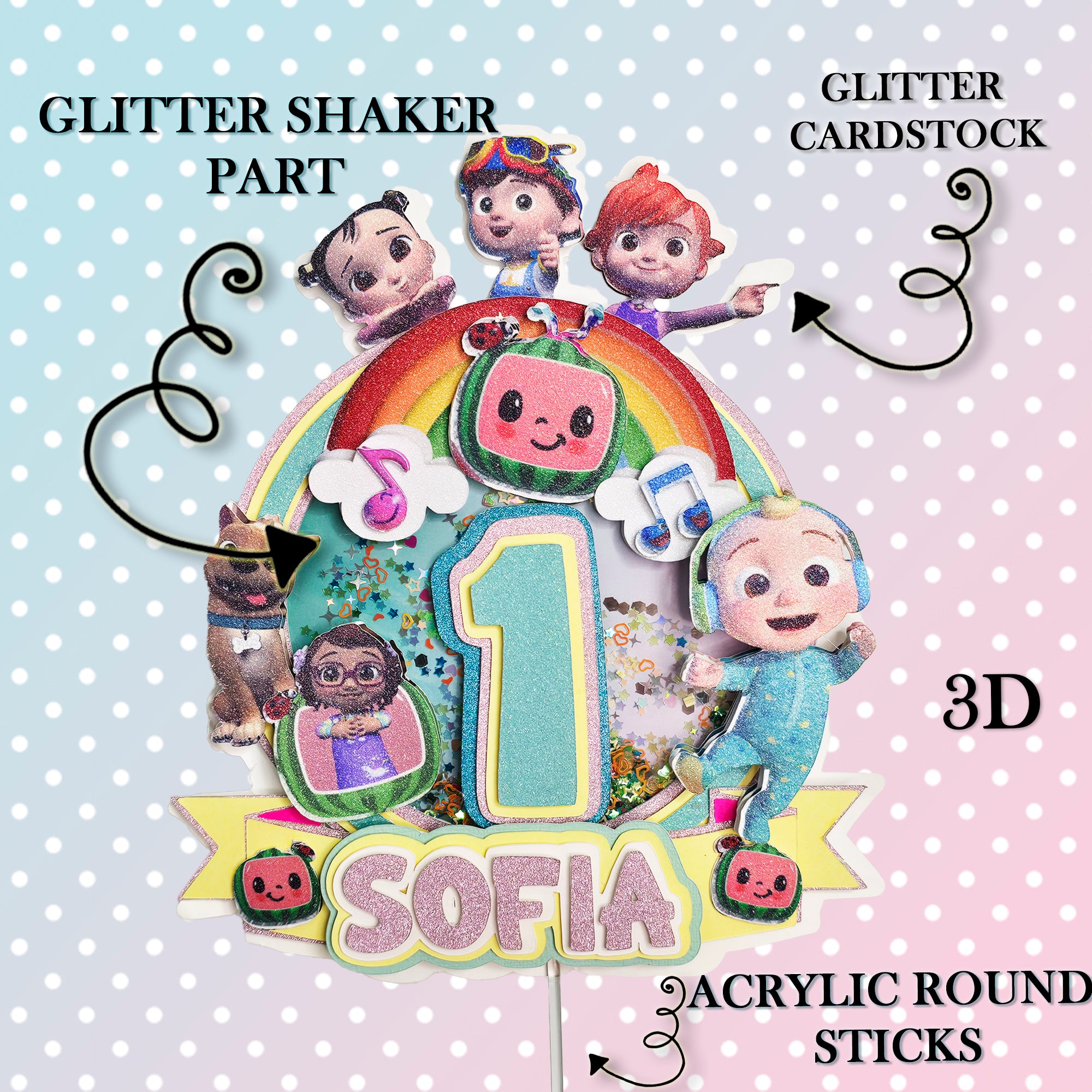 Personalized 3D Glitter Cartoon Cake Topper COCOMELON