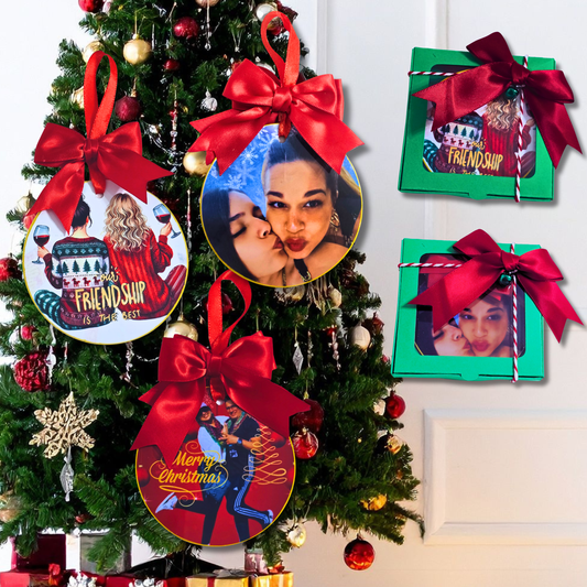 Personalized Photo Christmas Ornament with Name, Bow & Gift Box