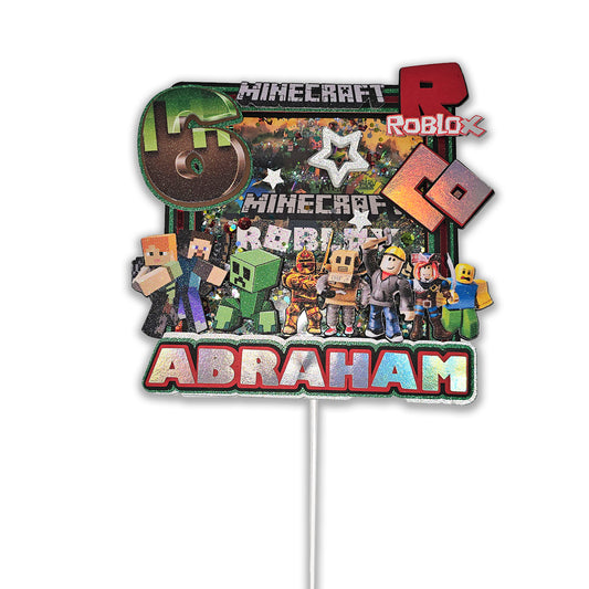 Adorno para tarta personalizado con purpurina 3D de dibujos animados de MINECRAFT y ROBLOX
