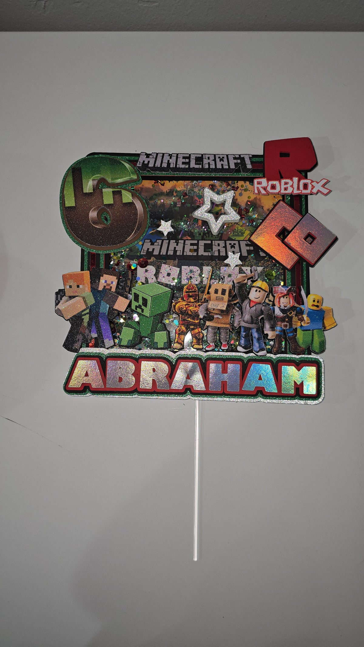 Adorno para tarta personalizado con purpurina 3D de dibujos animados de MINECRAFT y ROBLOX