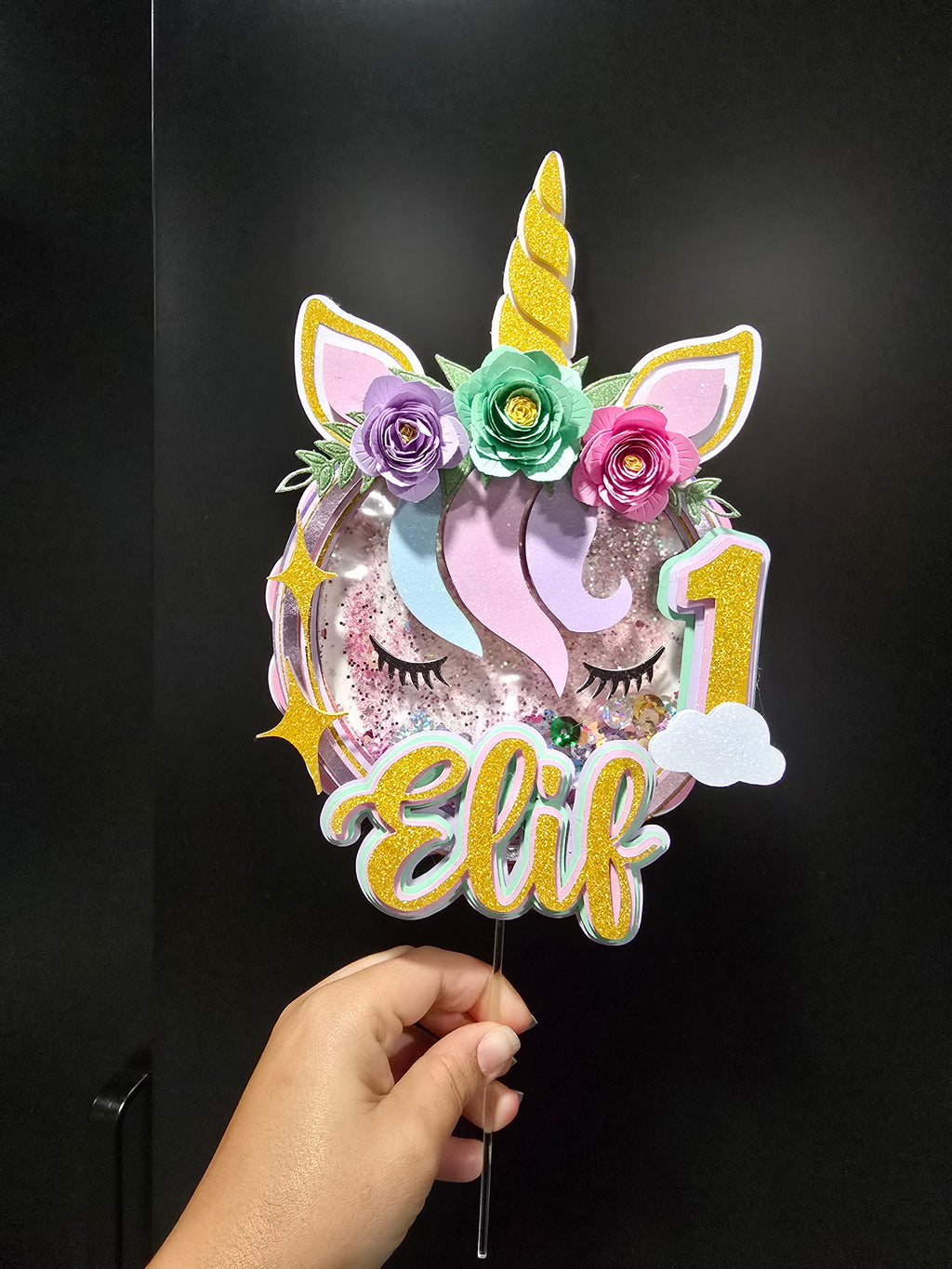 Personalized 3D Glitter Cartoon Cake Topper UNICORNIO