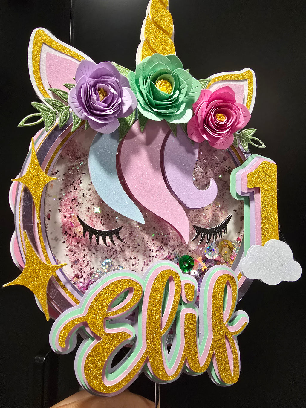 Personalized 3D Glitter Cartoon Cake Topper UNICORNIO