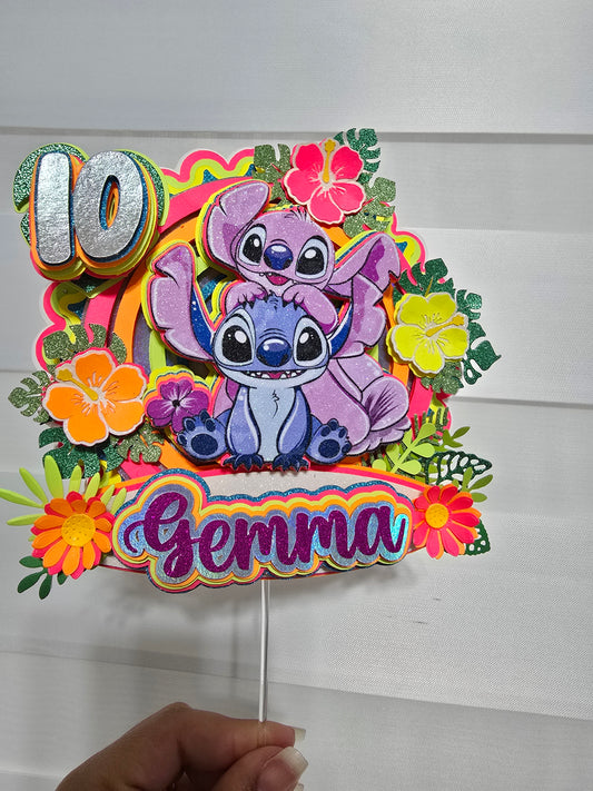Adorno para tarta de dibujos animados con purpurina 3D personalizado STICH NEON