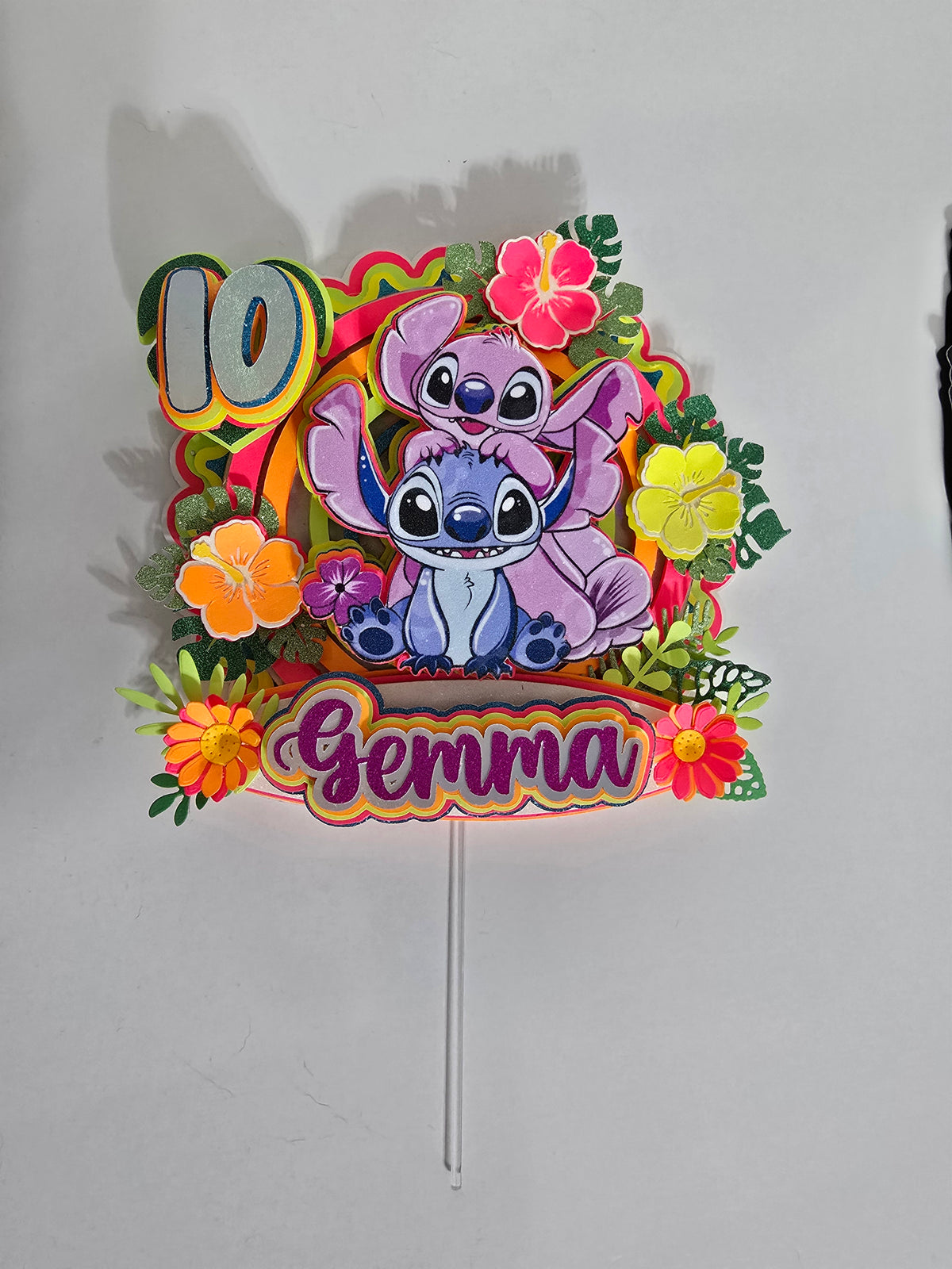 Personalized 3D Glitter Cartoon Cake Topper STICH NEON
