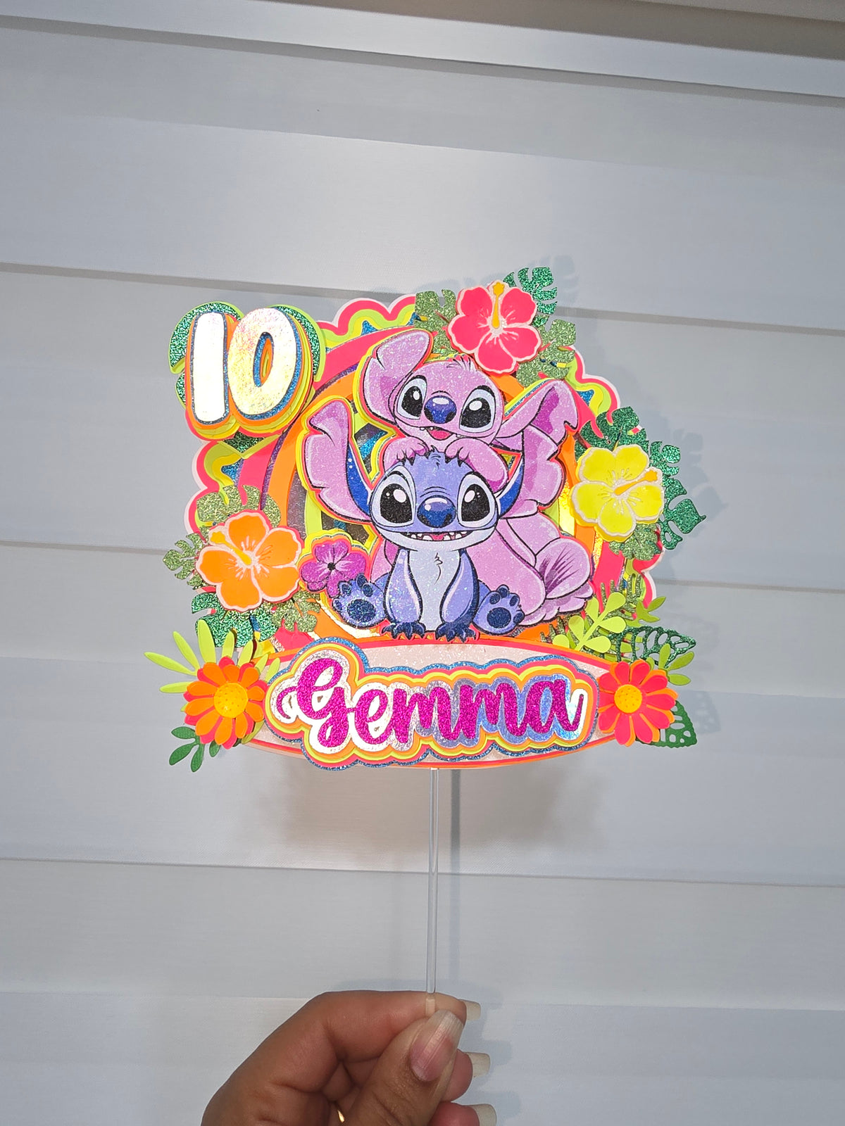Personalized 3D Glitter Cartoon Cake Topper STICH NEON