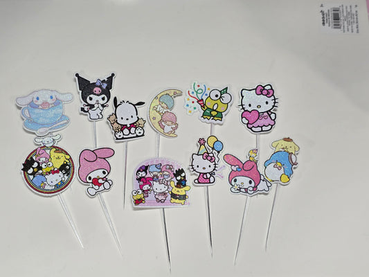 24 adornos brillantes para cupcakes. 12 diseños de Sanrio. Decoración de comida y palillos para fiestas.