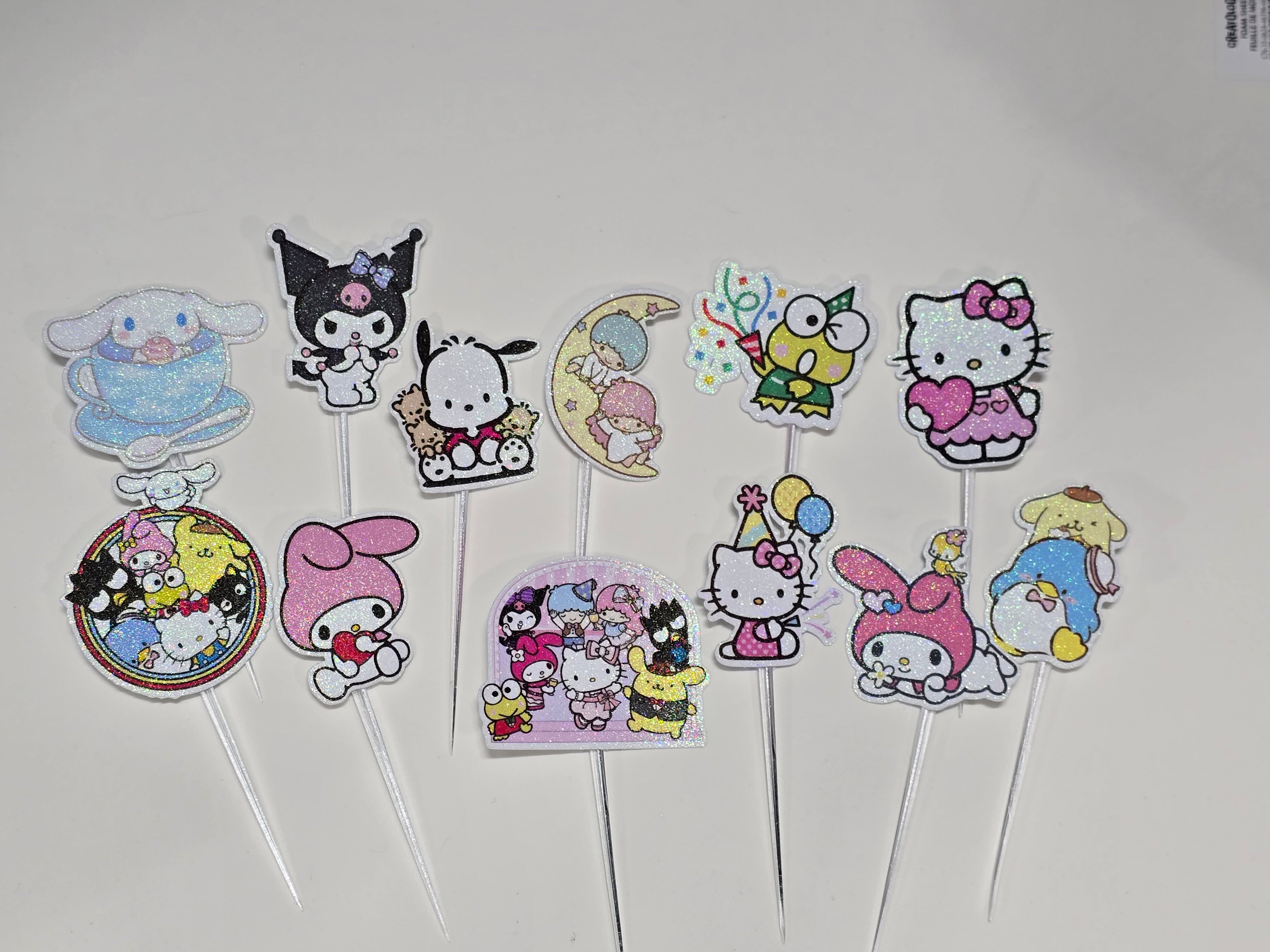 24 Pcs Glitter Cupcake Toppers. 12 Design sanrio Cupcake Toppers. Food Decoration, Picks for Party Supplies